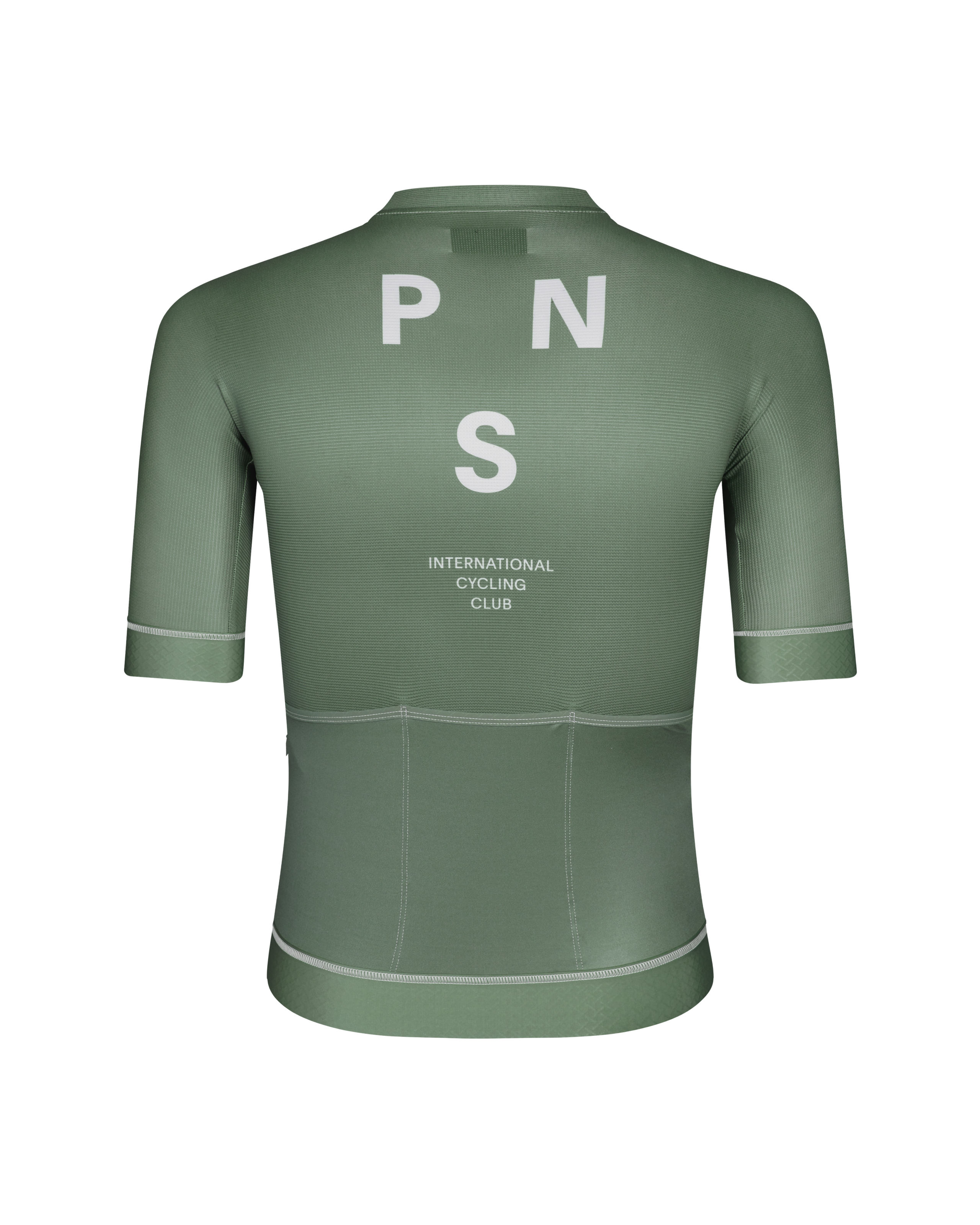 Khaki Green Mechanism cycling jersey, rear view with white PNS lettering and contrast stitching