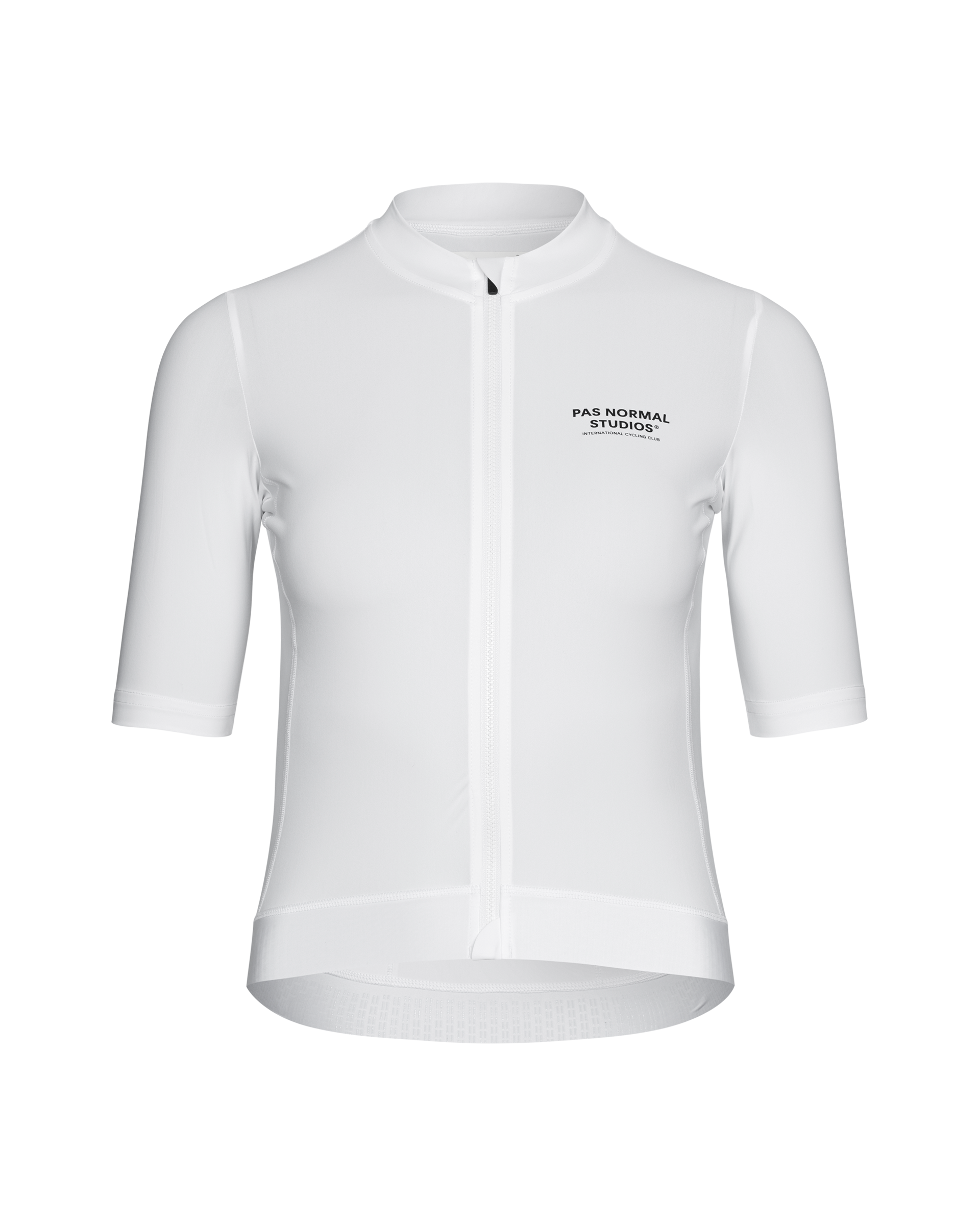 White Essential cycling jersey, front view with black chest logo