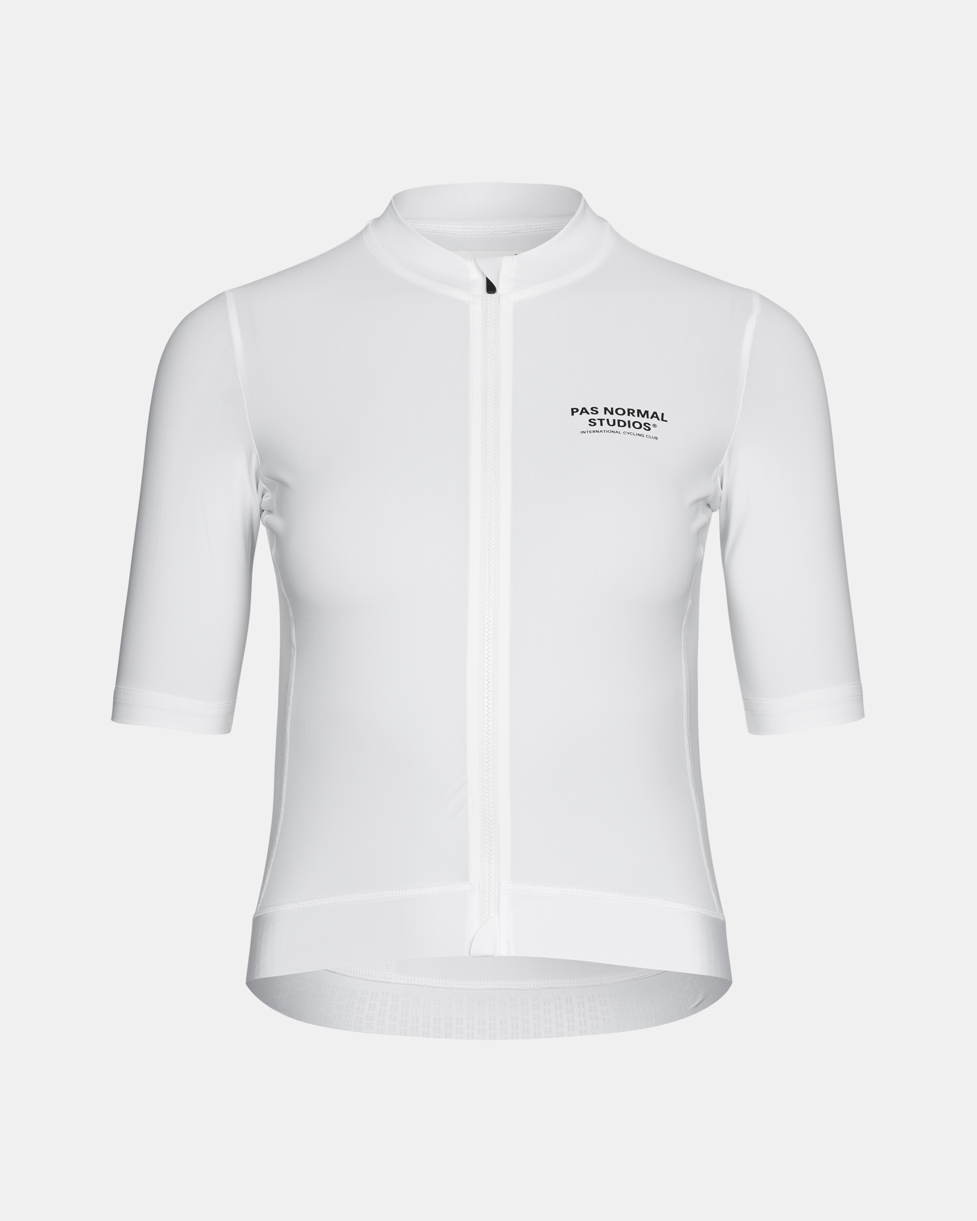 White Essential cycling jersey, front view with black chest logo
