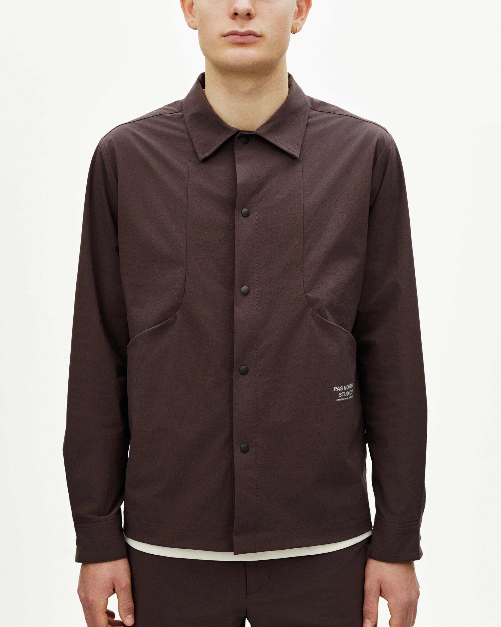 Dark Purple Off-Race Tech Overshirt on model, front view with snap button closure and chest pockets