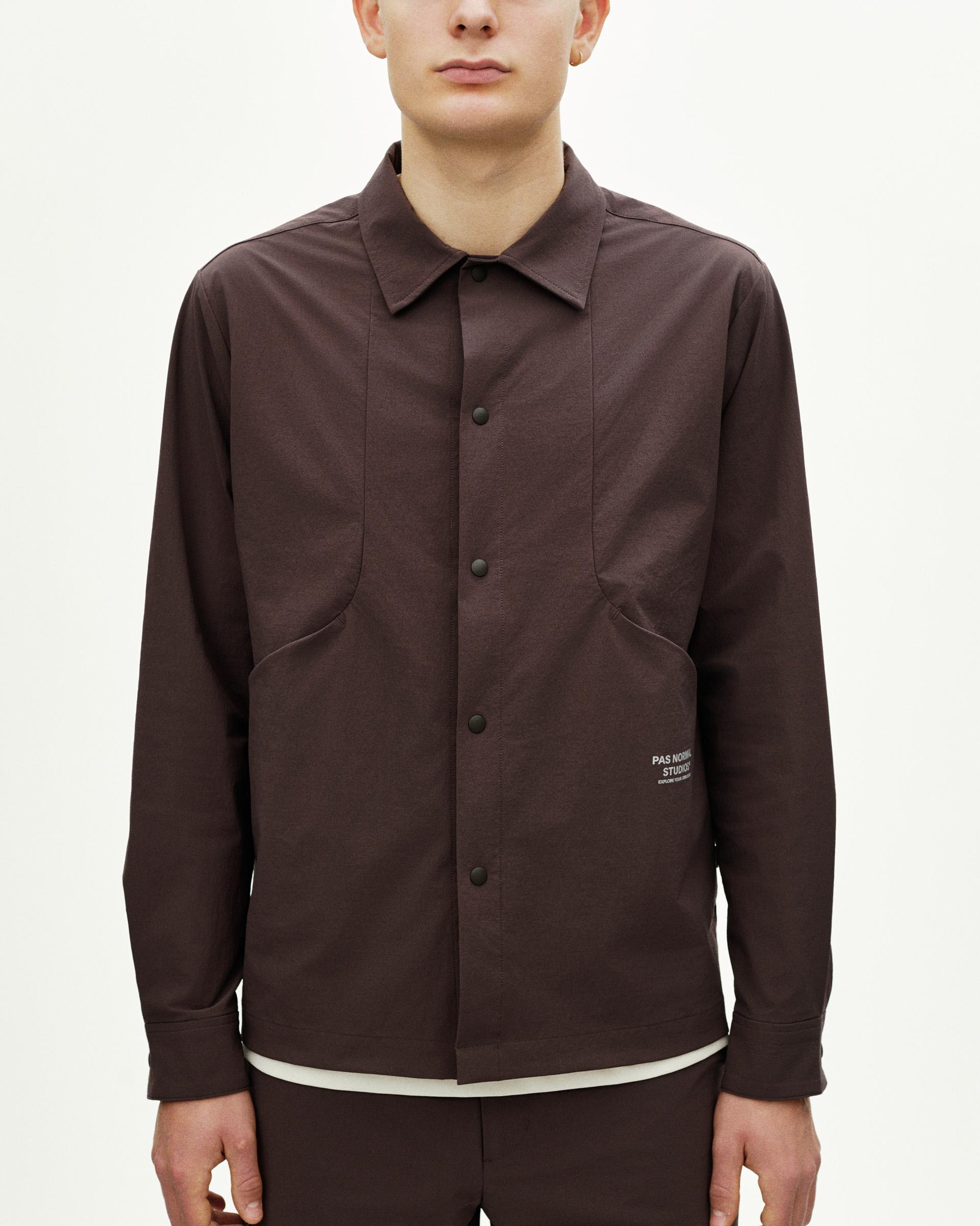 Dark Purple Off-Race Tech Overshirt on model, front view with snap button closure and chest pockets