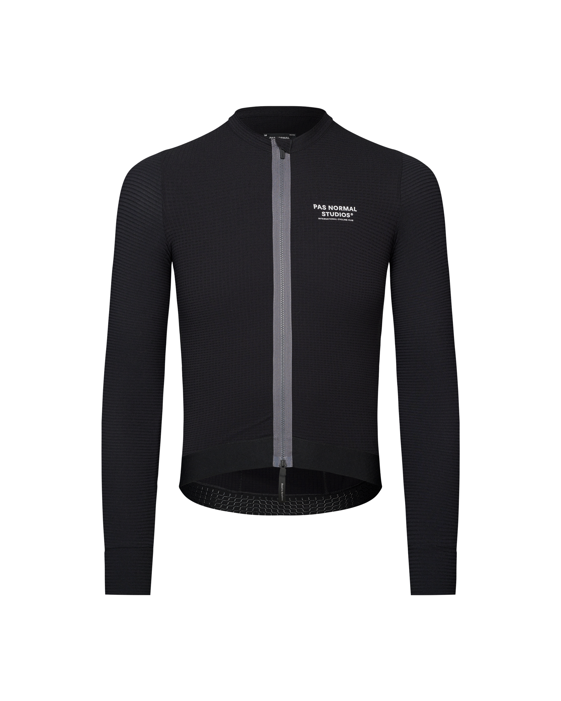 Black Escapism long sleeve cycling jersey, front view with textured fabric and white chest logo
