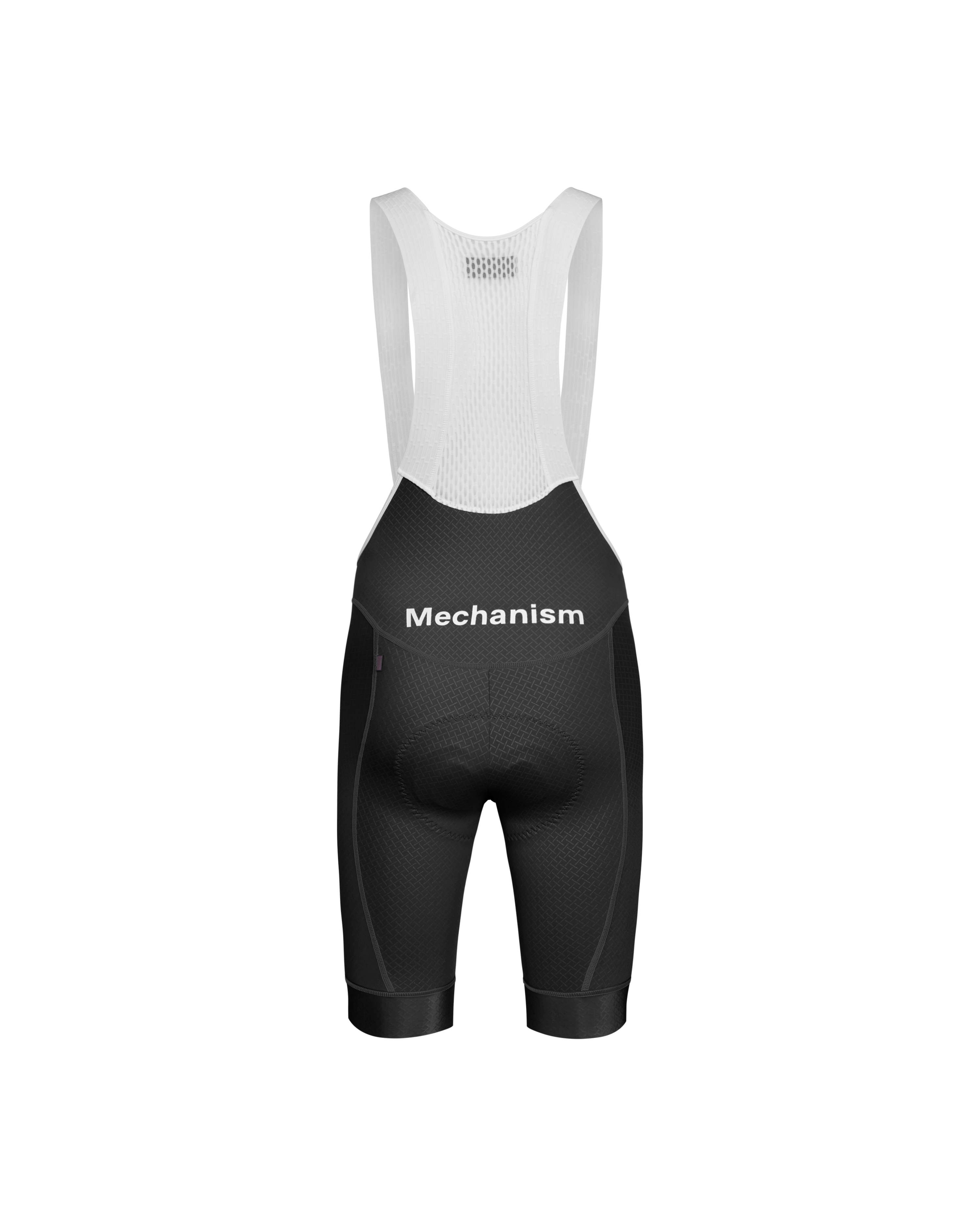 Black Mechanism cycling bibs, front flat lay with white mesh upper and textured fabric panels