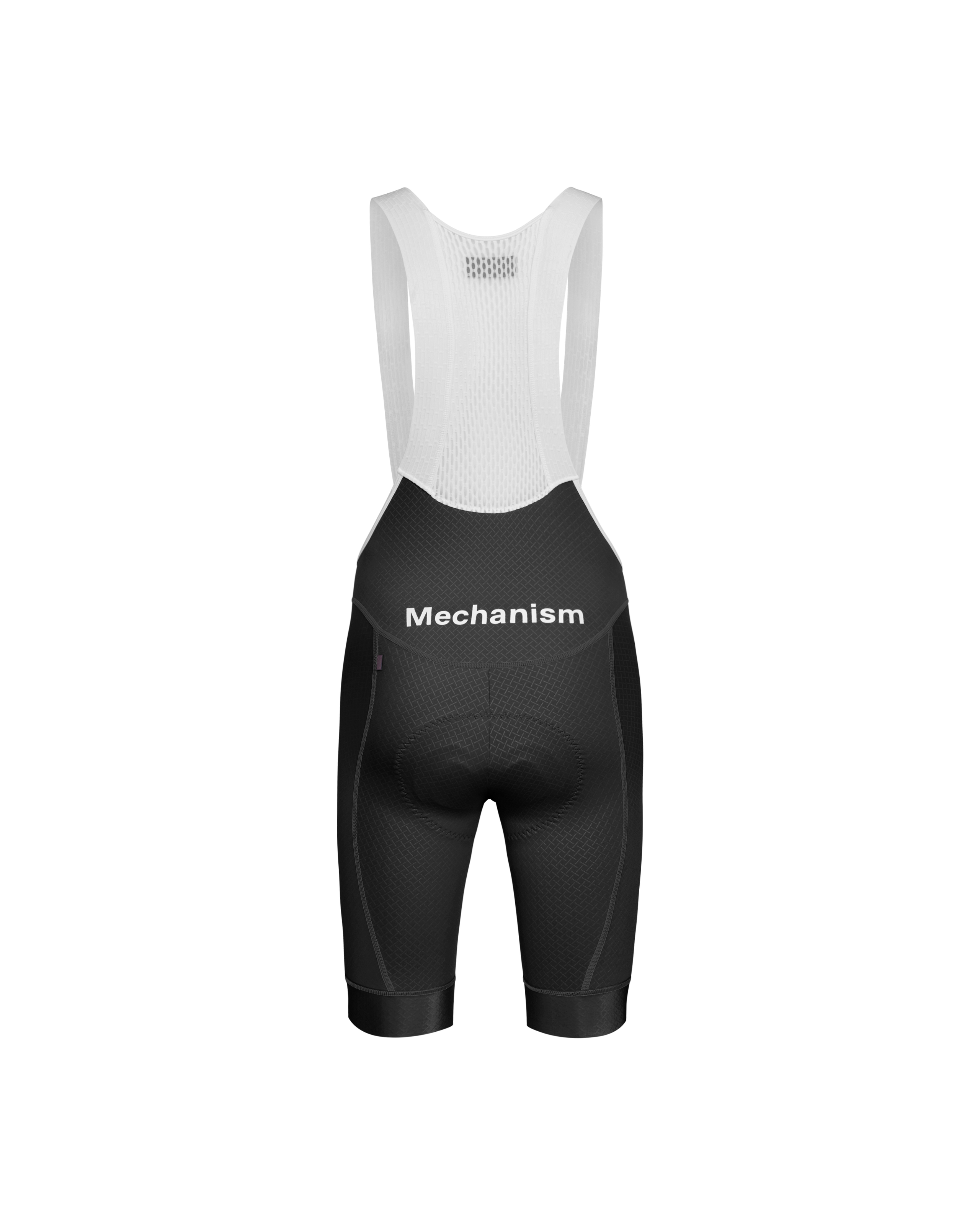 Black Mechanism cycling bibs, front flat lay with white mesh upper and textured fabric panels