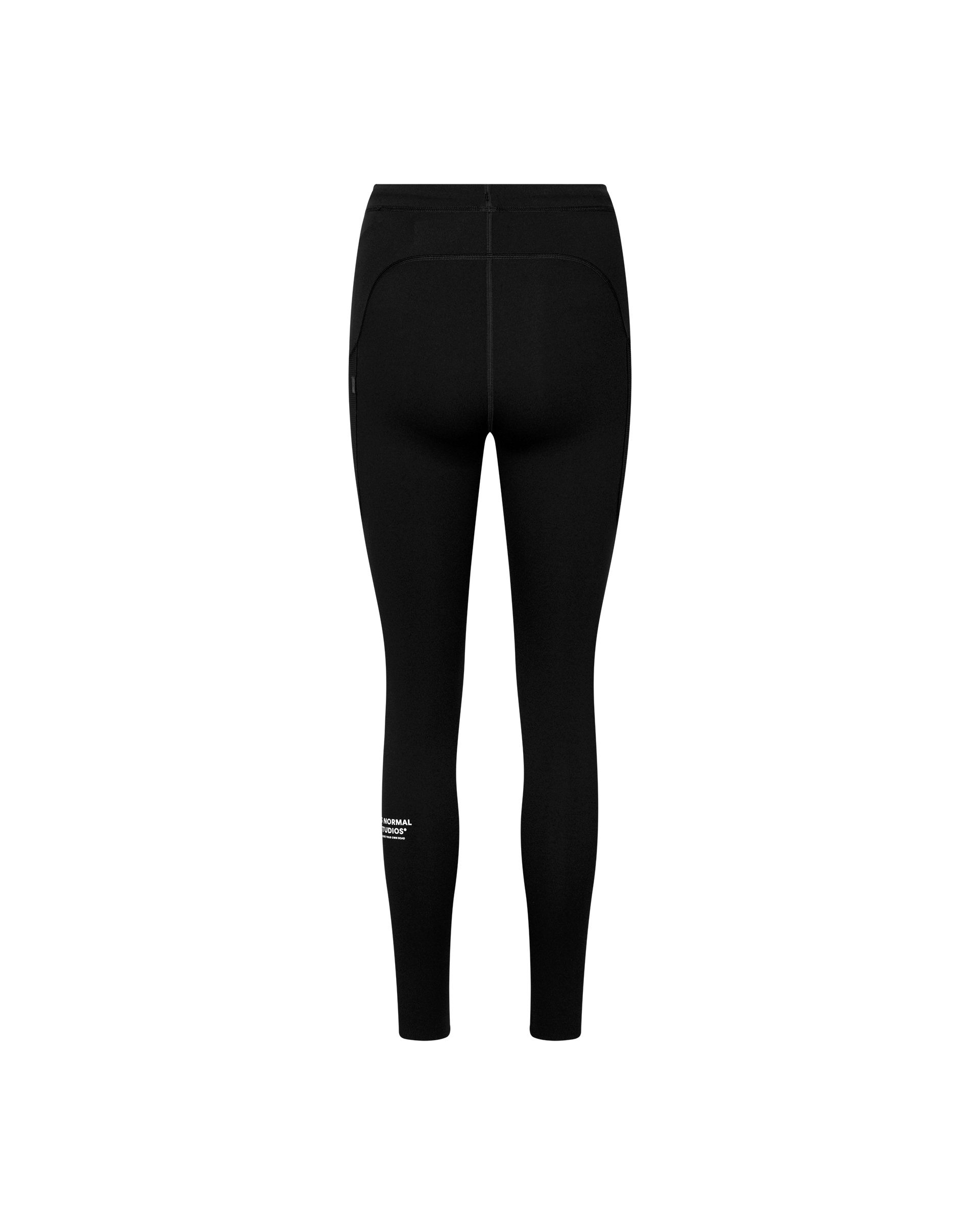 Black Balance long cycling tights, rear flat lay with zip pocket detail