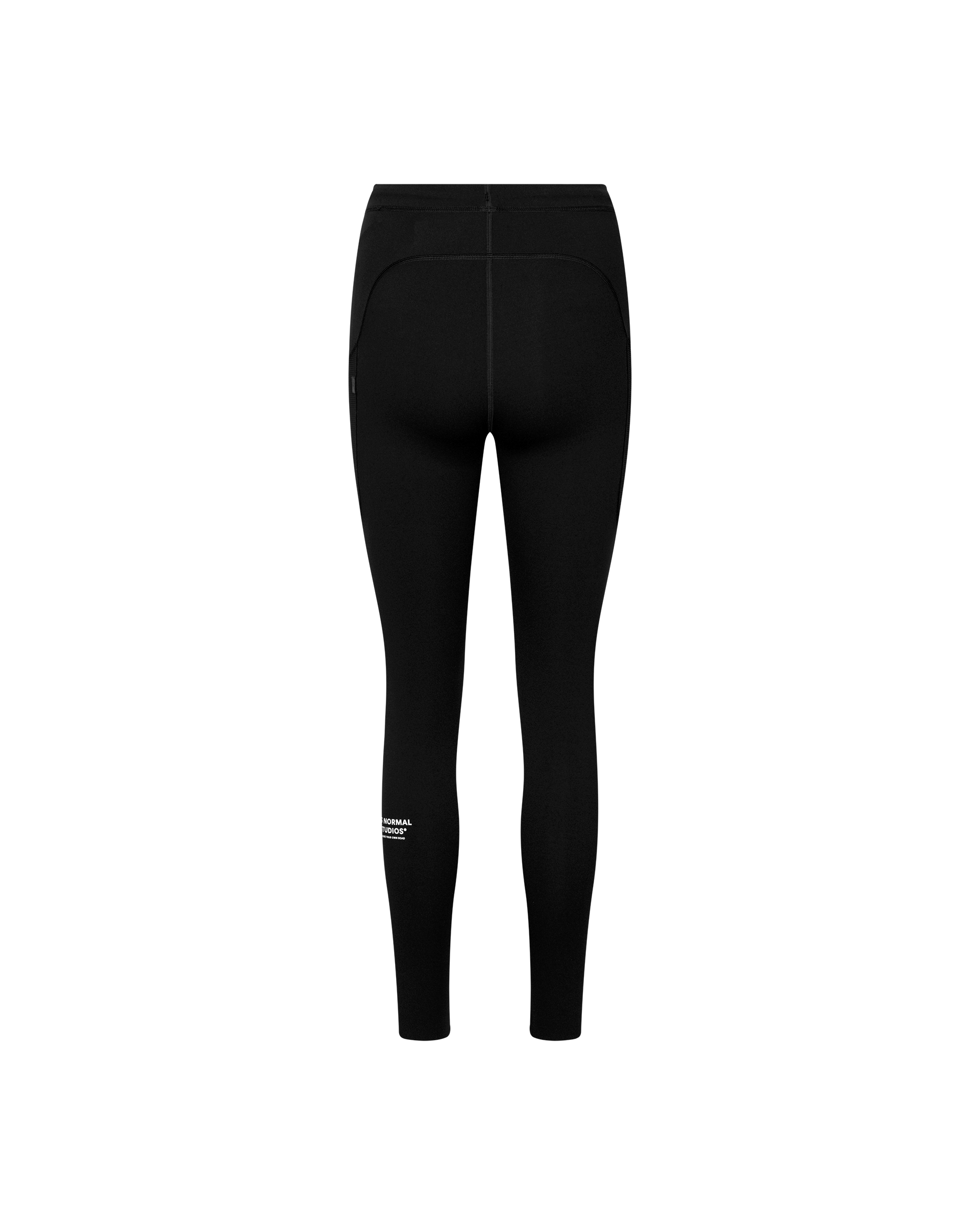Black Balance long cycling tights, rear flat lay with zip pocket detail