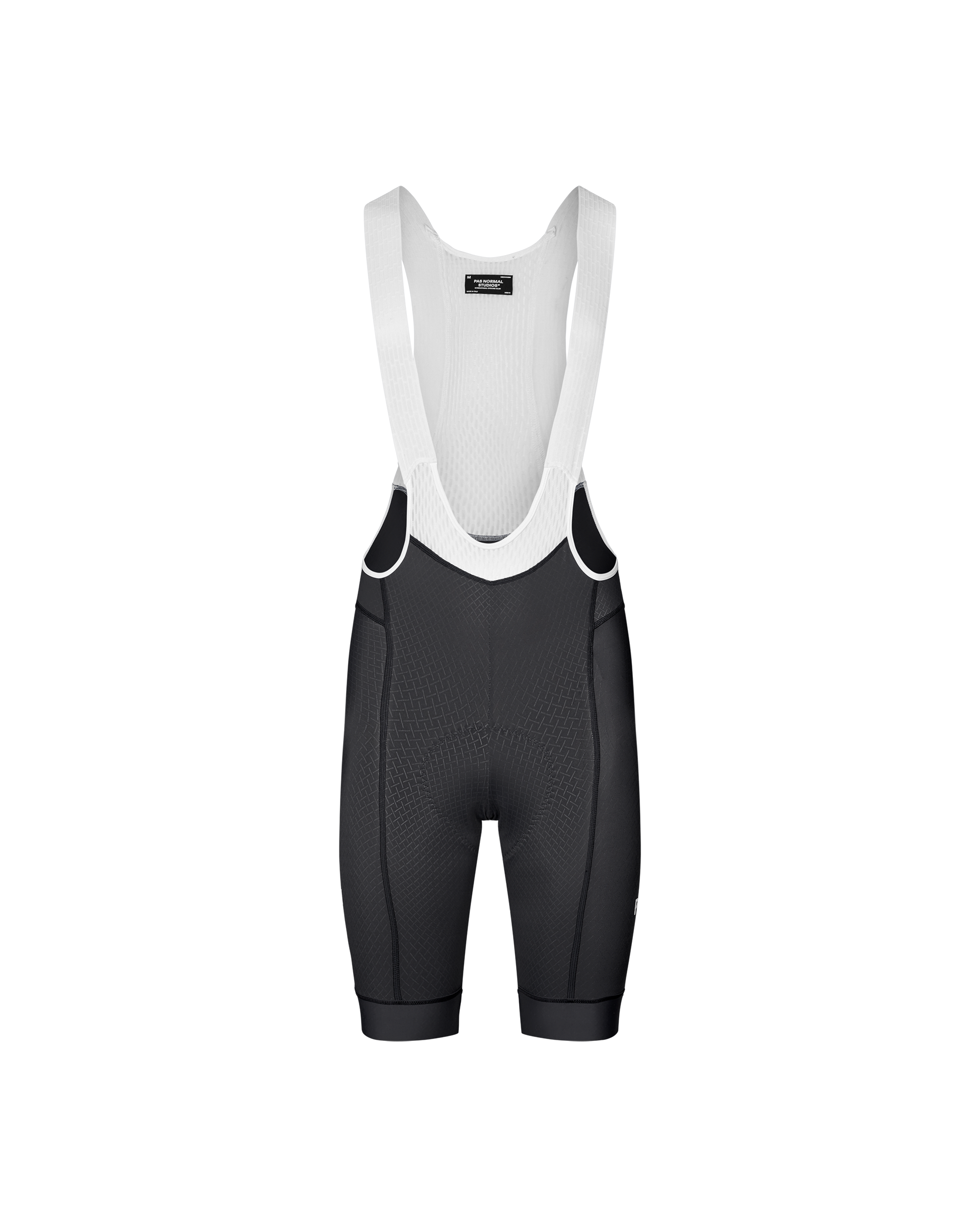Dark Navy Mechanism cycling bibs, front flat lay with white mesh bib panel and textured front panel