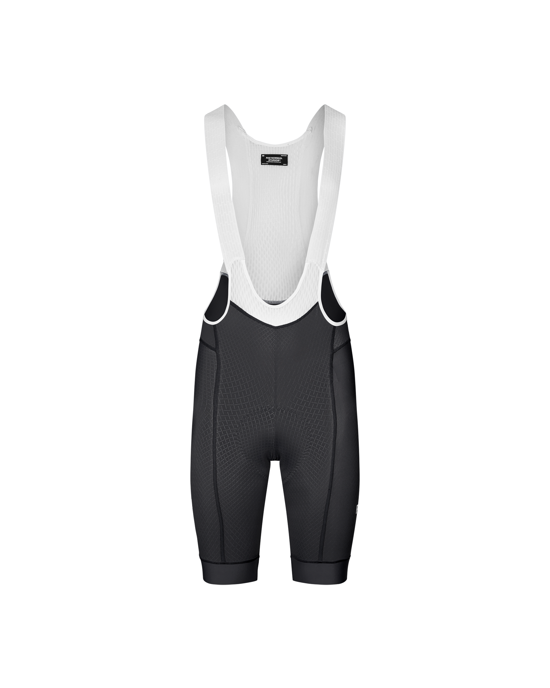Dark Navy Mechanism cycling bibs, front flat lay with white mesh bib panel and textured front panel