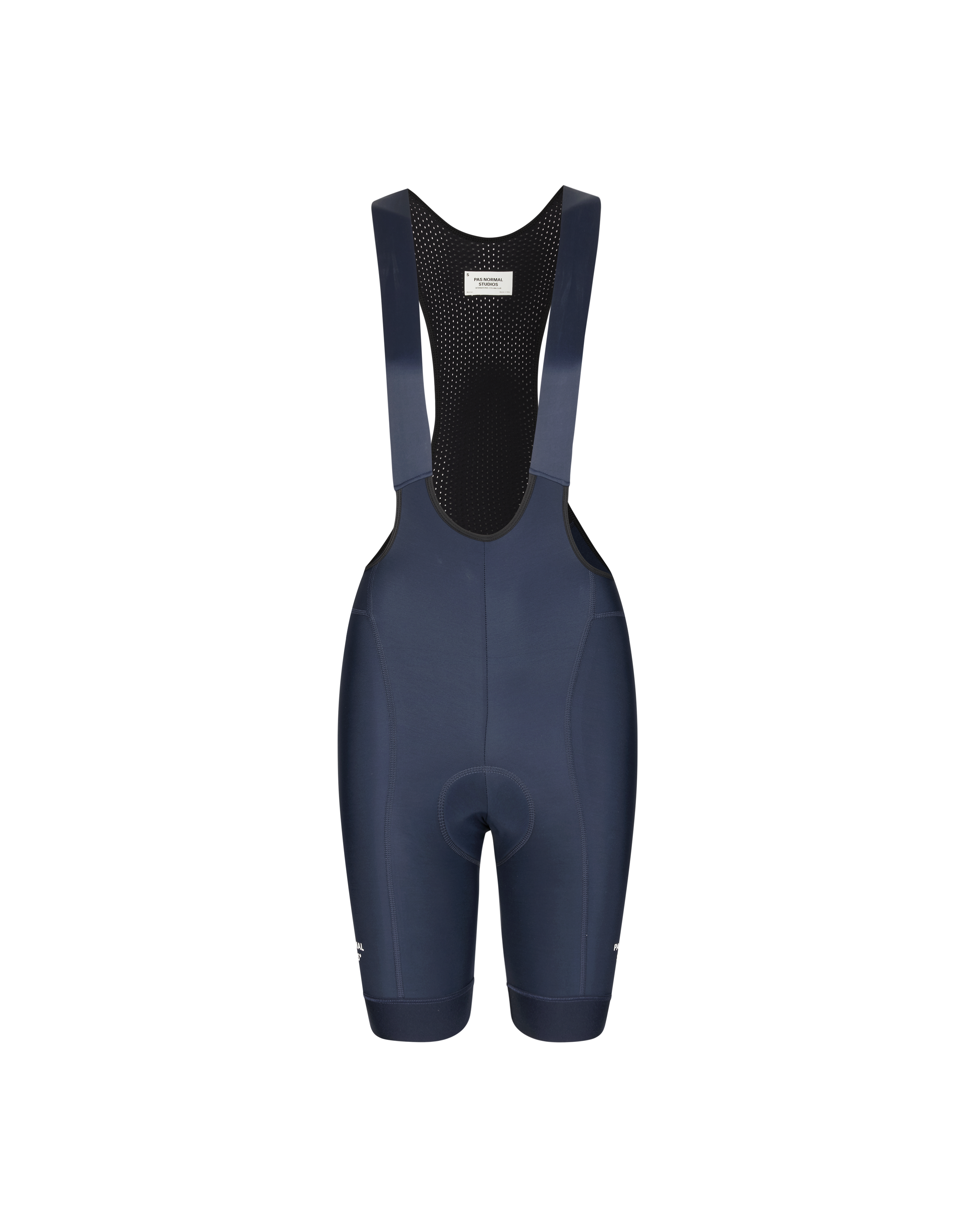 Navy Essential Thermal cycling bibs, front flat lay with mesh back panel