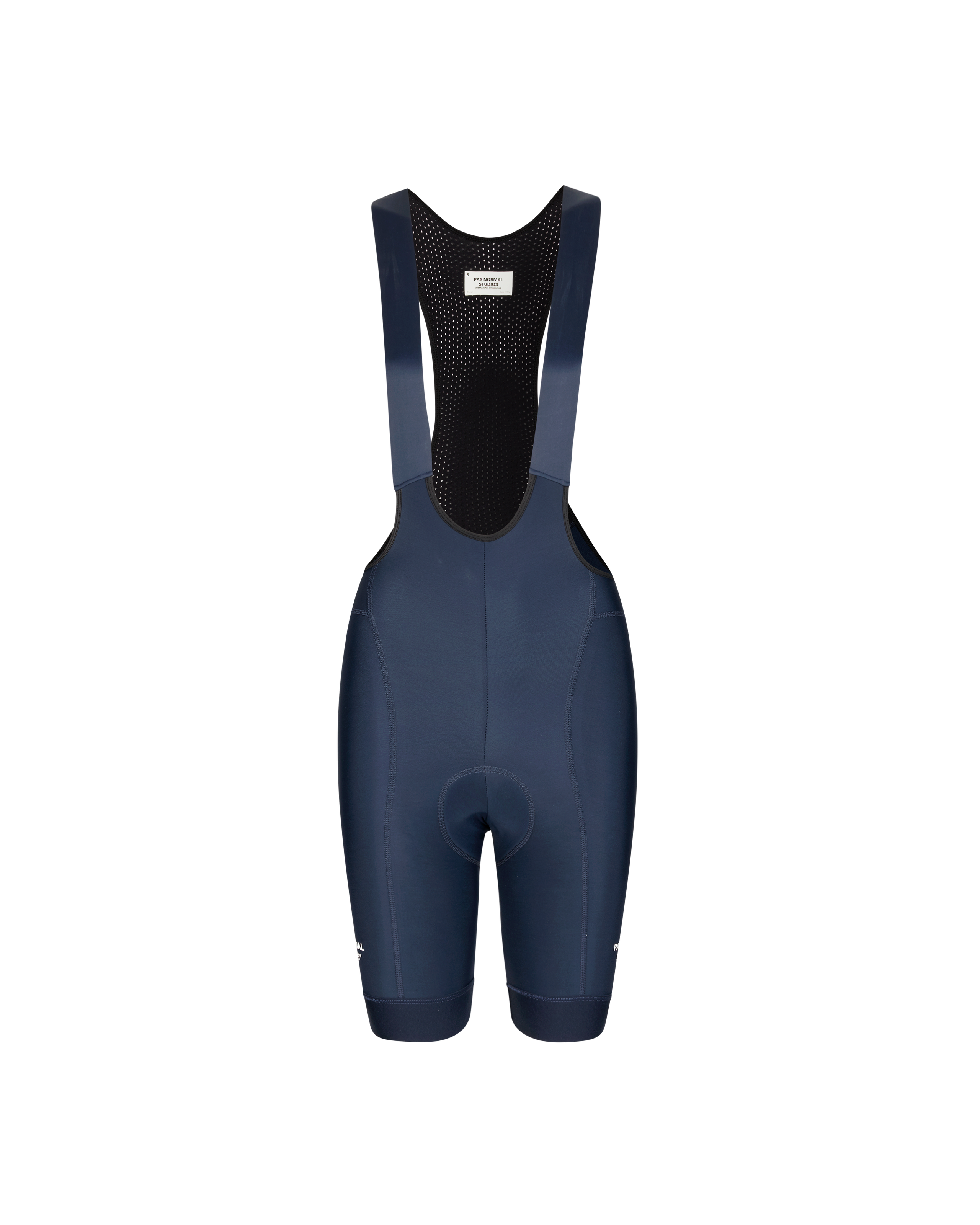 Navy Essential Thermal cycling bibs, front flat lay with mesh back panel