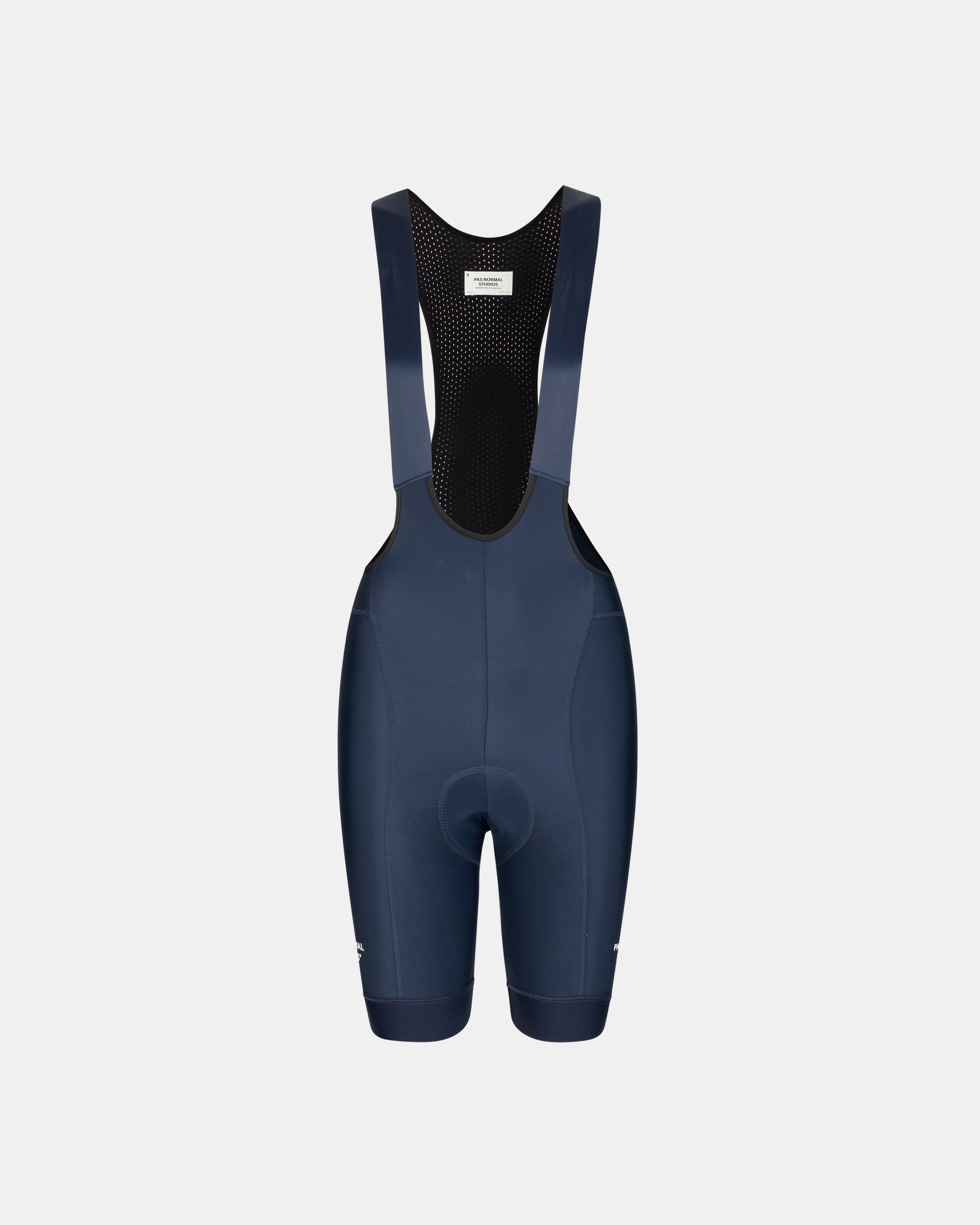 Navy Essential Thermal cycling bibs, front flat lay with mesh back panel