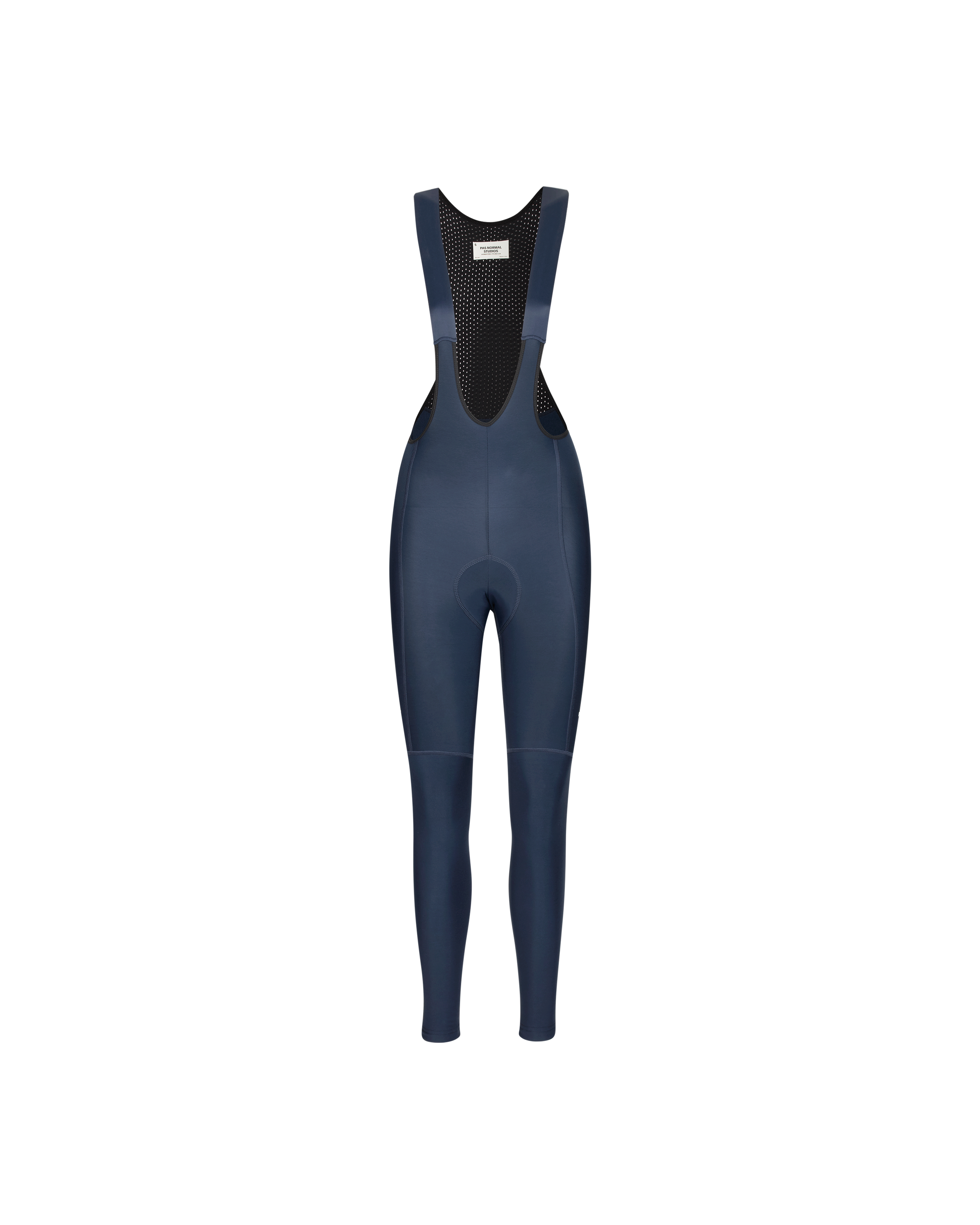 Navy Essential women's thermal cycling long bibs, front flat lay with mesh bib panel