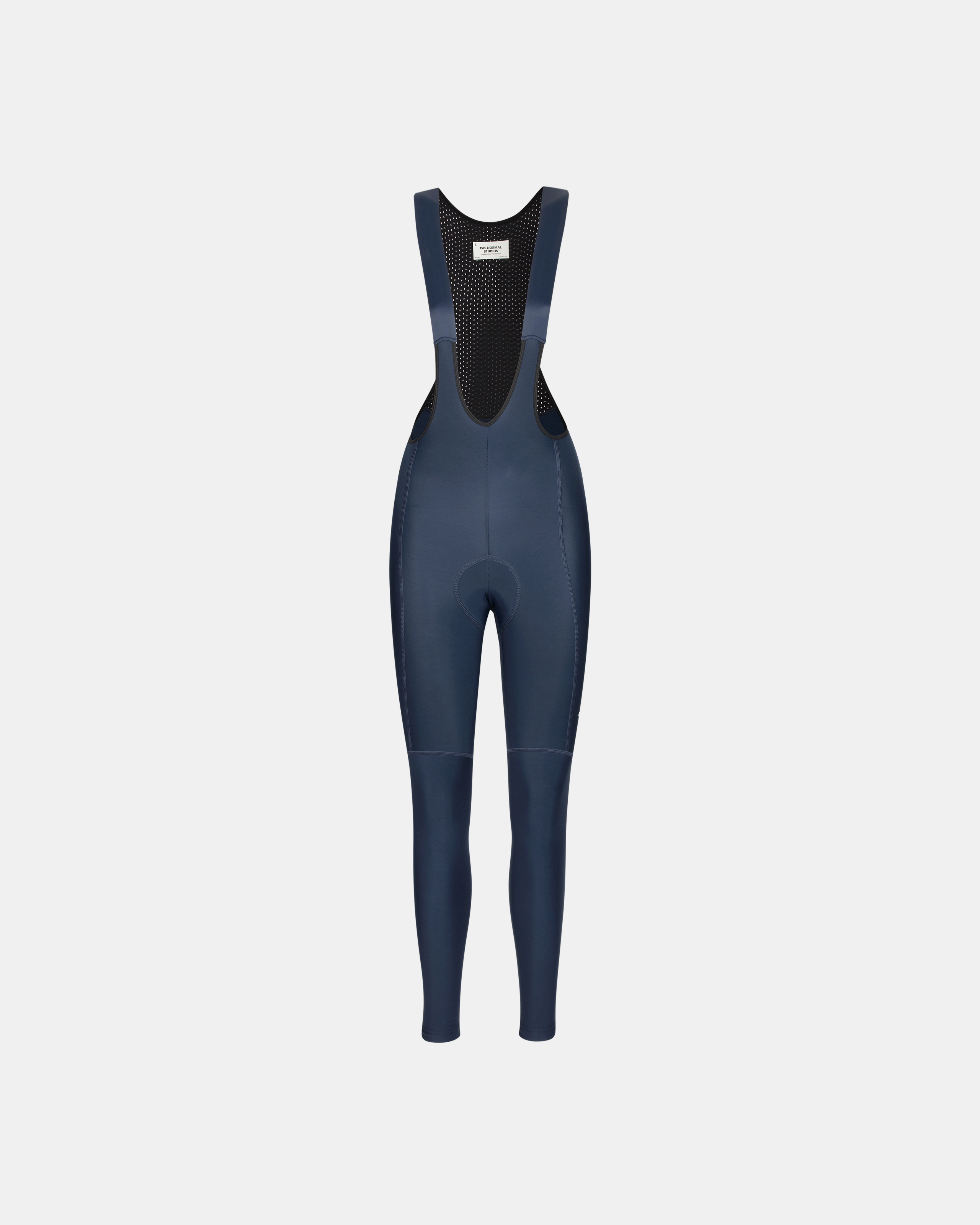 Navy Essential women's thermal cycling long bibs, front flat lay with mesh bib panel