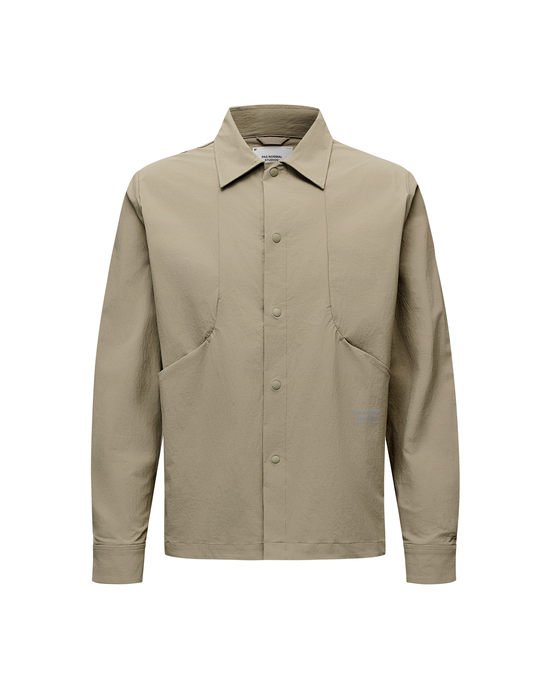 Dusty Earth khaki Off-Race Tech Overshirt, front flat lay with snap button placket and patch pockets