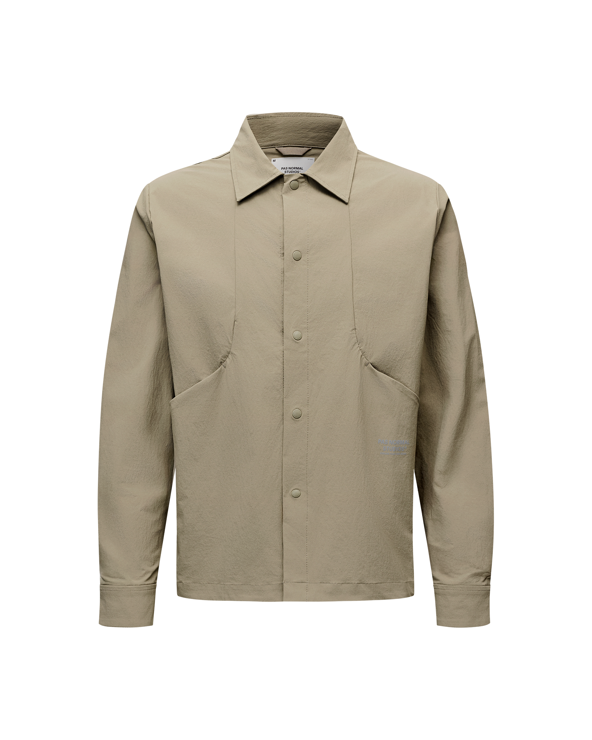 Dusty Earth khaki Off-Race Tech Overshirt, front flat lay with snap button placket and patch pockets