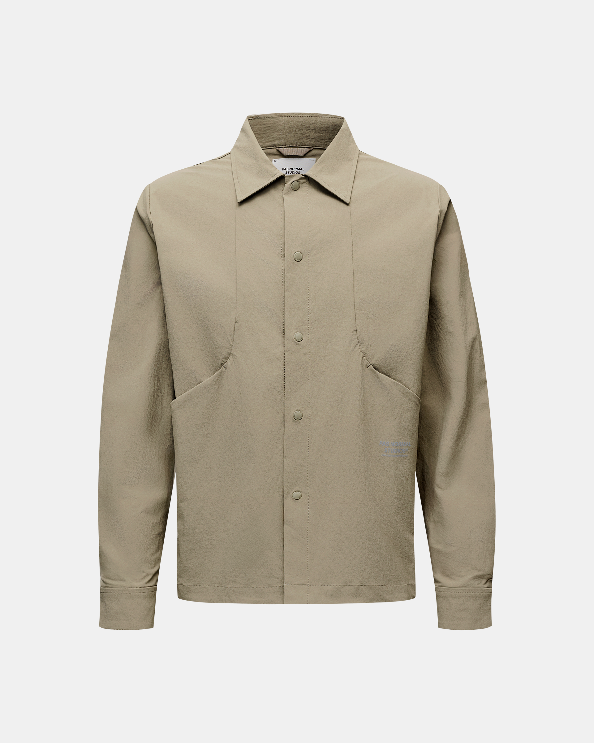 Dusty Earth khaki Off-Race Tech Overshirt, front flat lay with snap button placket and patch pockets