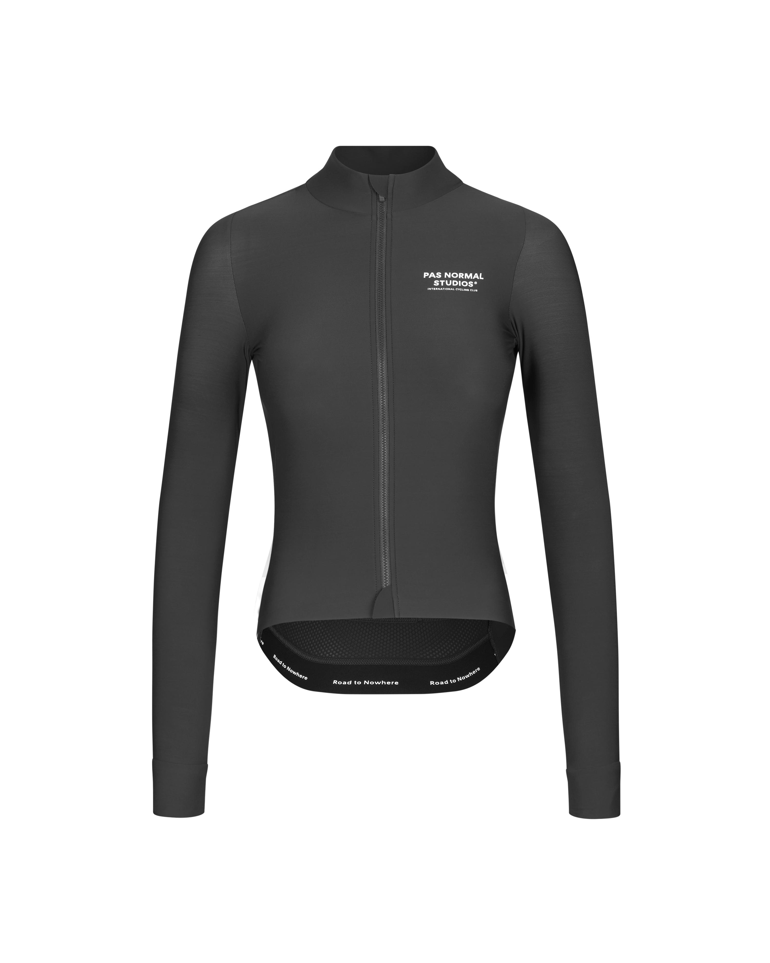 Black Mechanism long sleeve cycling jersey, front view with white chest logo and contrast hem