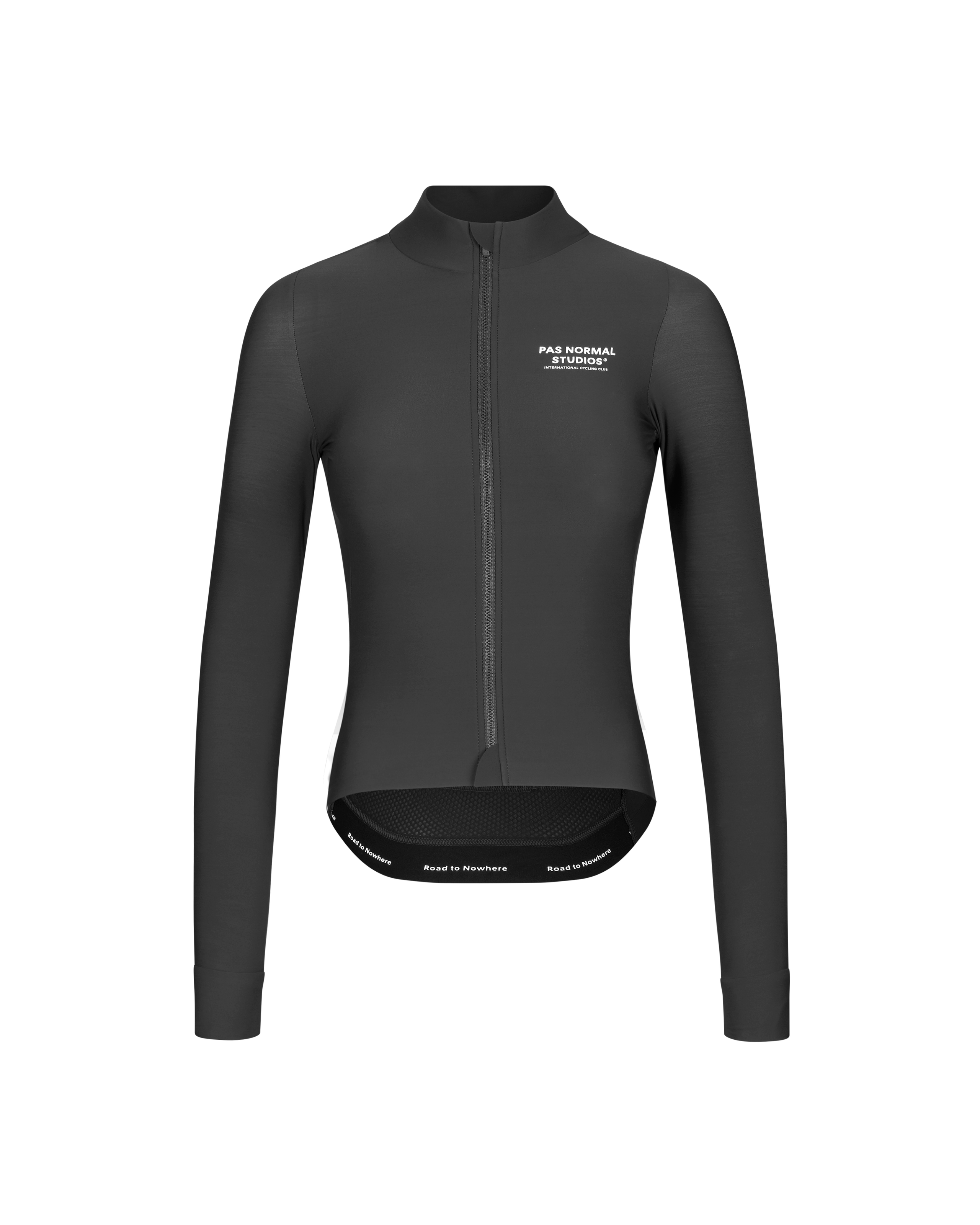 Black Mechanism long sleeve cycling jersey, front view with white chest logo and contrast hem