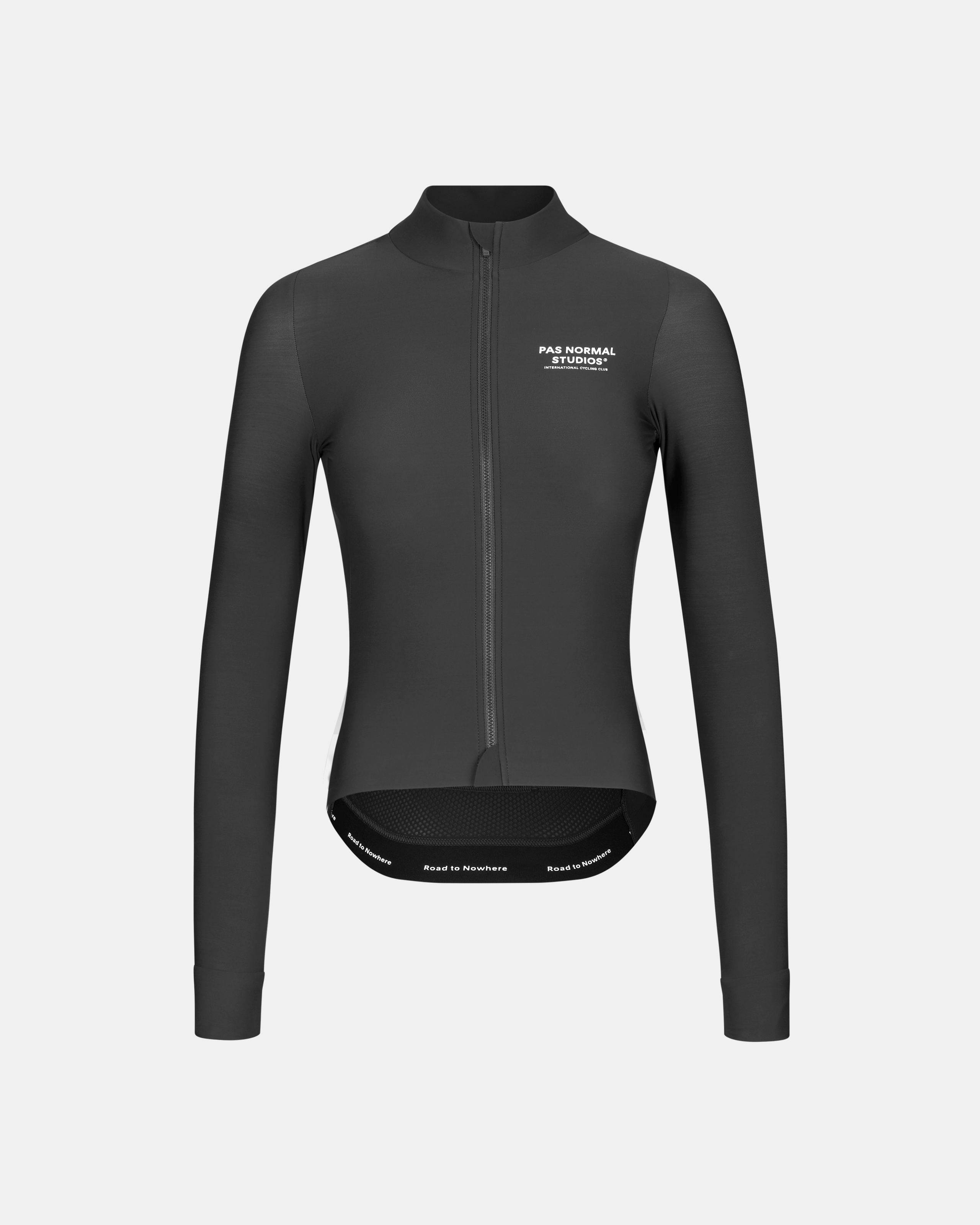 Black Mechanism long sleeve cycling jersey, front view with white chest logo and contrast hem