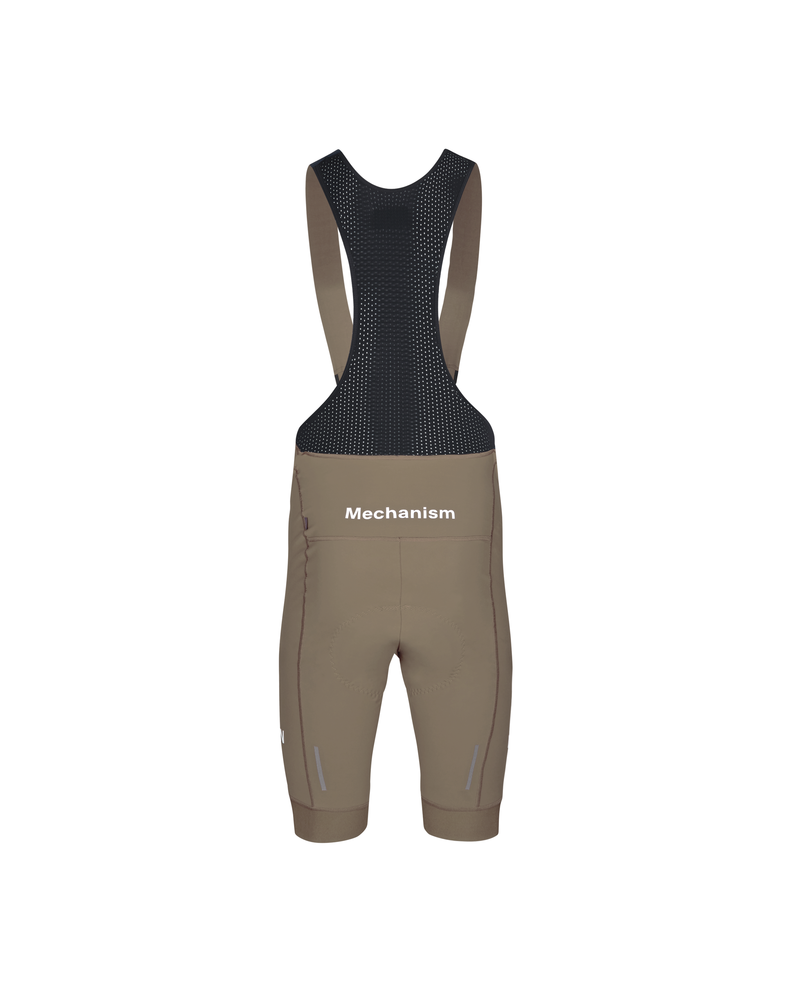 Dark Stone Mechanism Deep Winter cycling bibs, rear flat lay with mesh bib straps