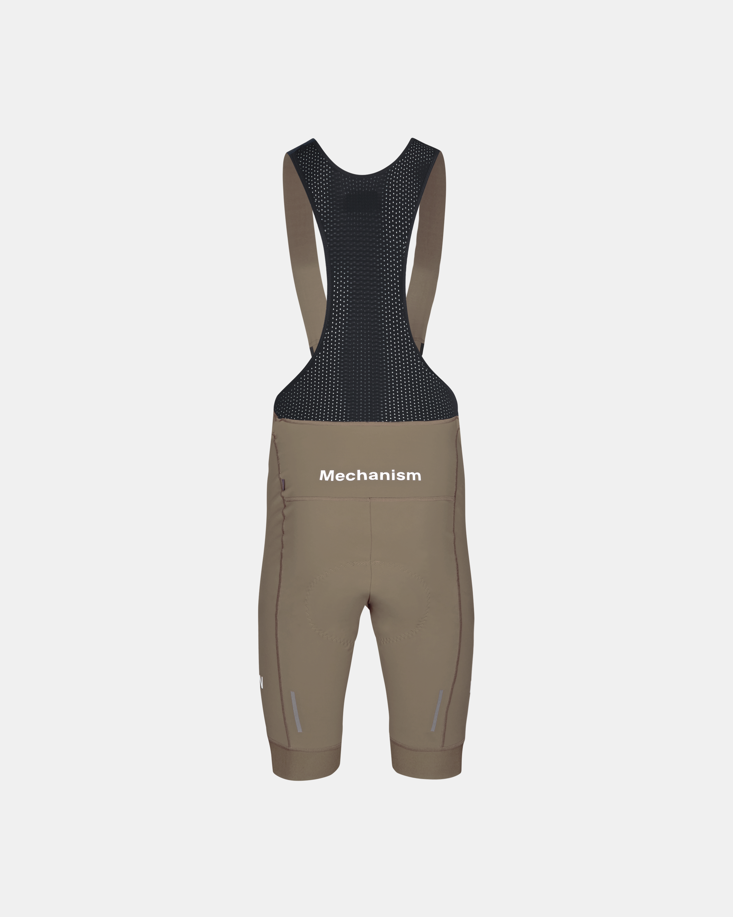Dark Stone Mechanism Deep Winter cycling bibs, rear flat lay with mesh bib straps