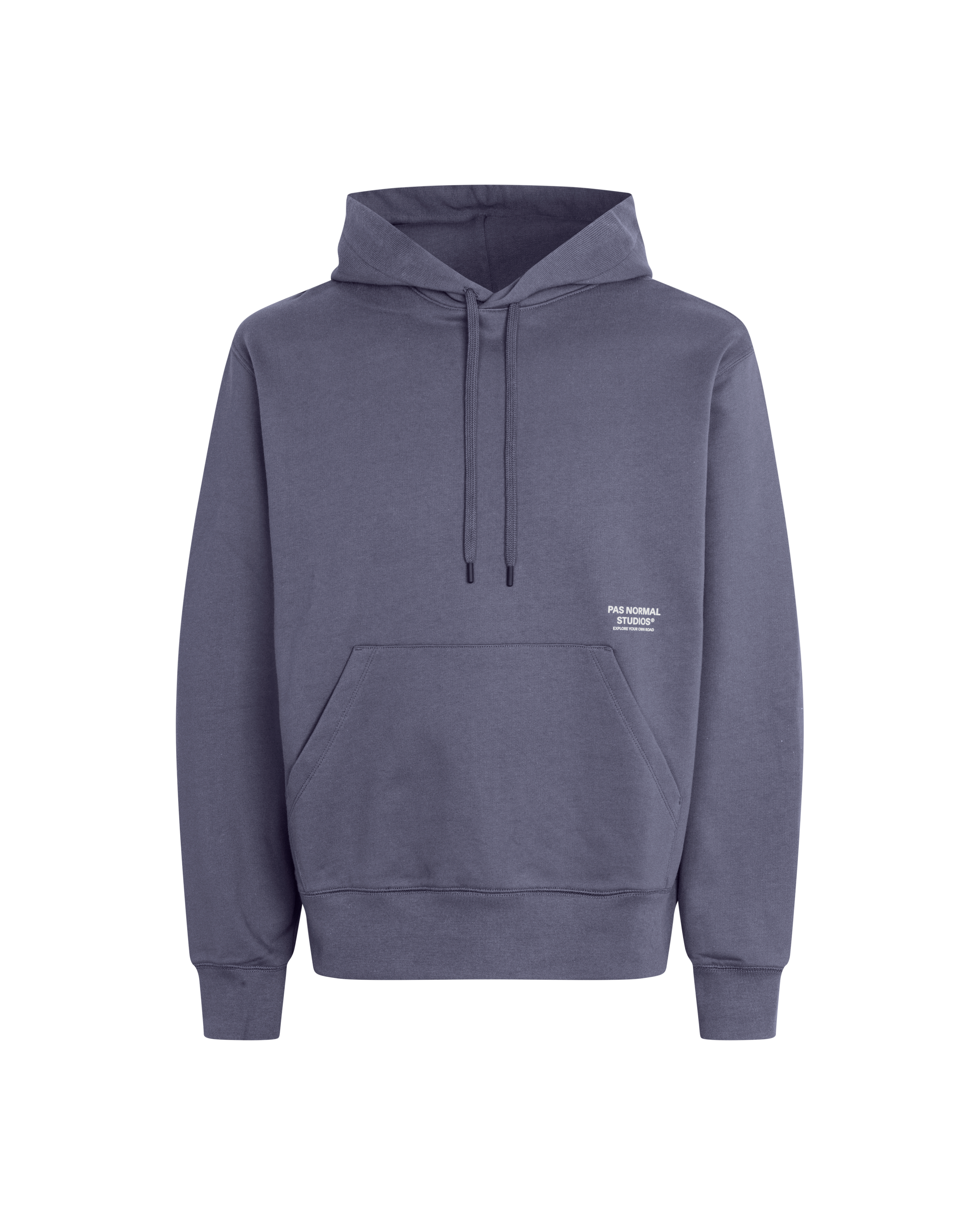 Grey Off-Race hoodie, front view with kangaroo pocket and drawstring hood