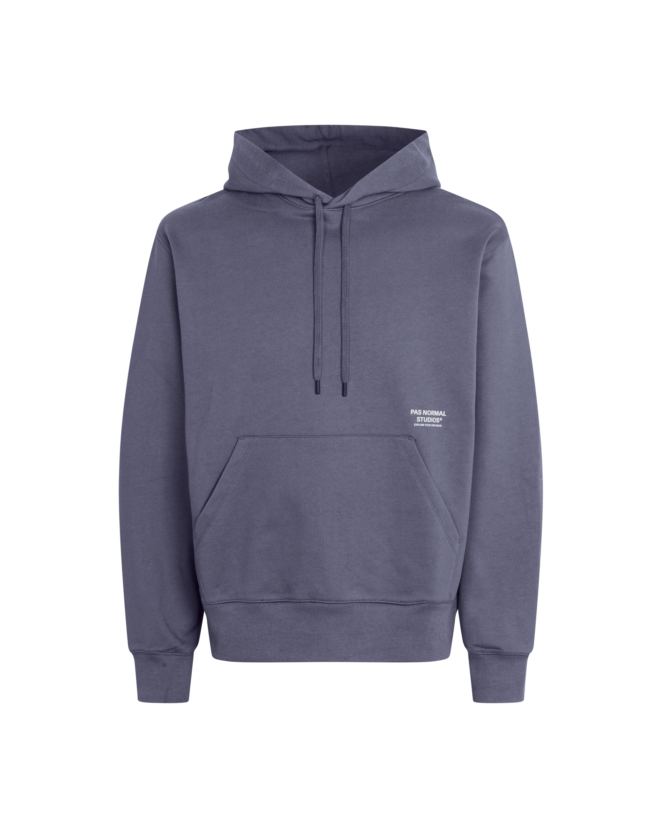 Grey Off-Race hoodie, front view with kangaroo pocket and drawstring hood