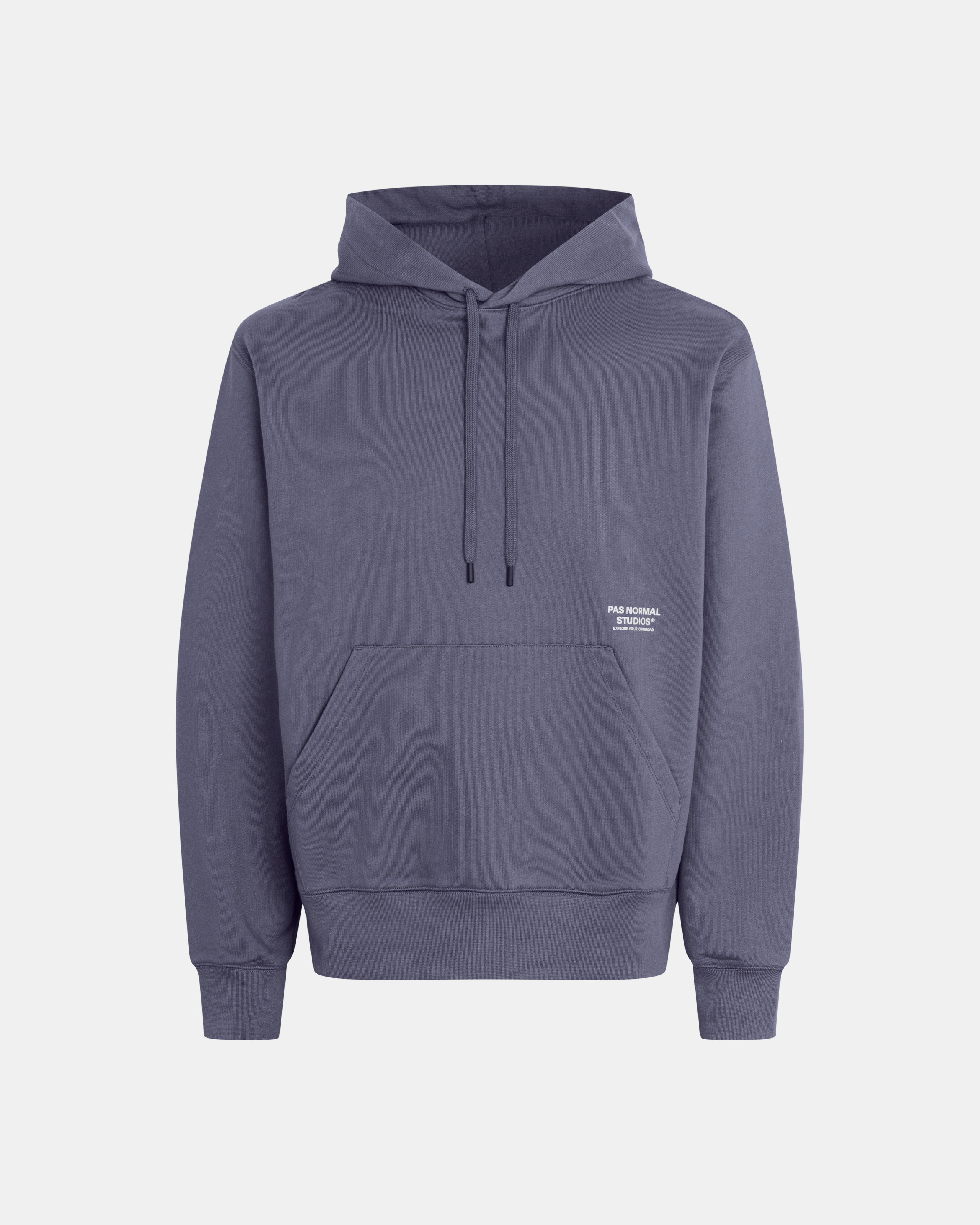 Grey Off-Race hoodie, front view with kangaroo pocket and drawstring hood