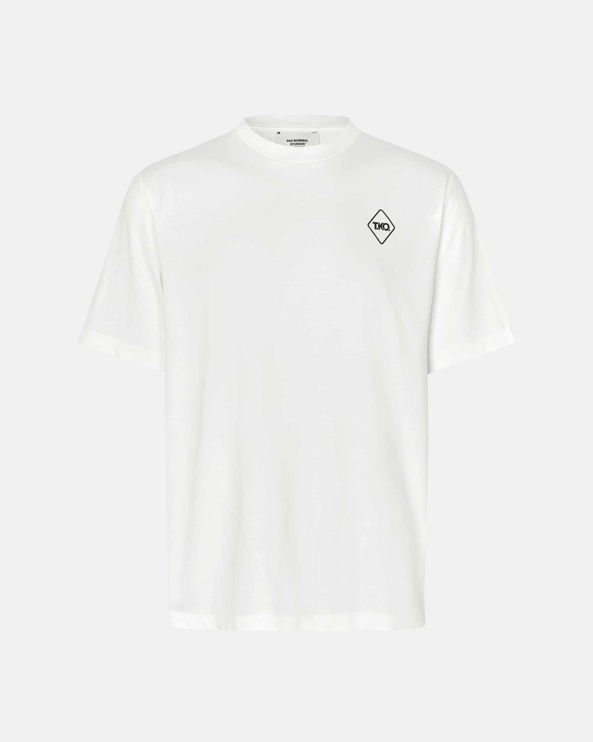 White T.K.O. Off-Race Graphic T-shirt, front flat lay with diamond logo print on chest