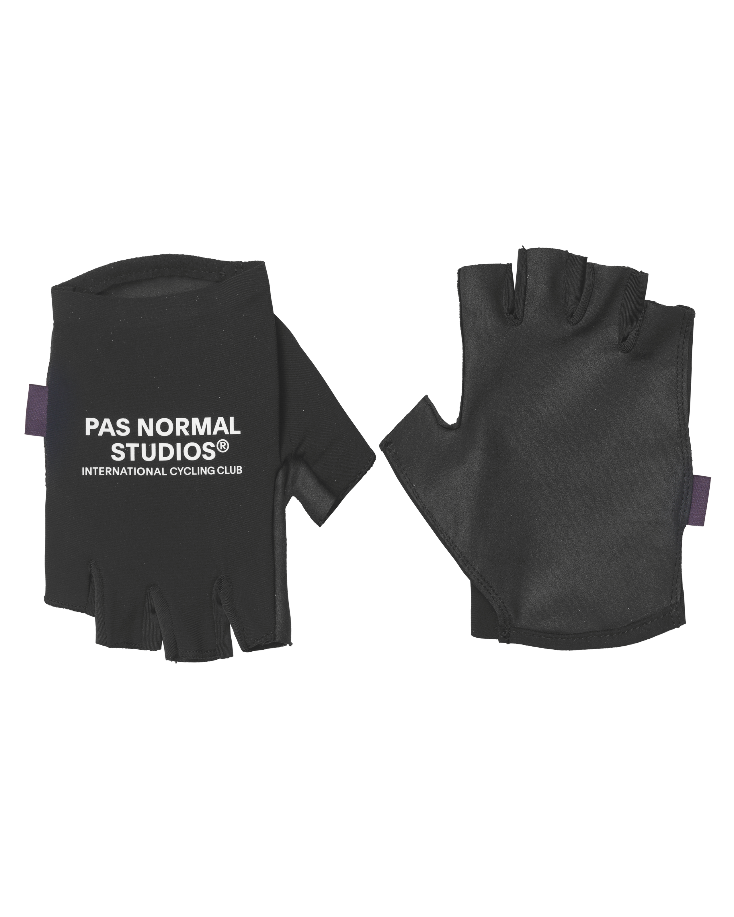 Black Logo Race cycling mitts, flat lay pair with white logo print and purple trim