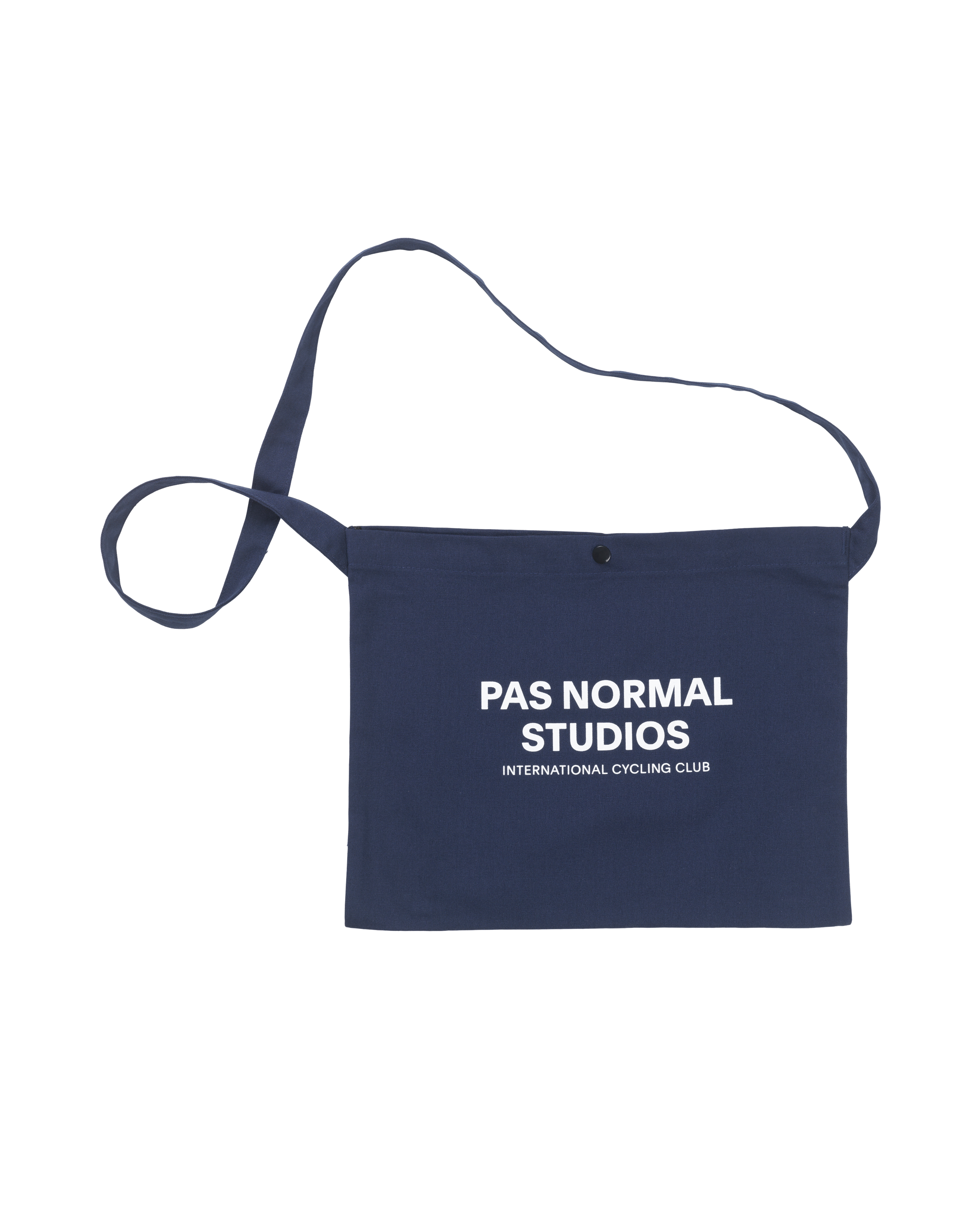 Navy Off-Race musette, front flat lay with white logo print and snap closure