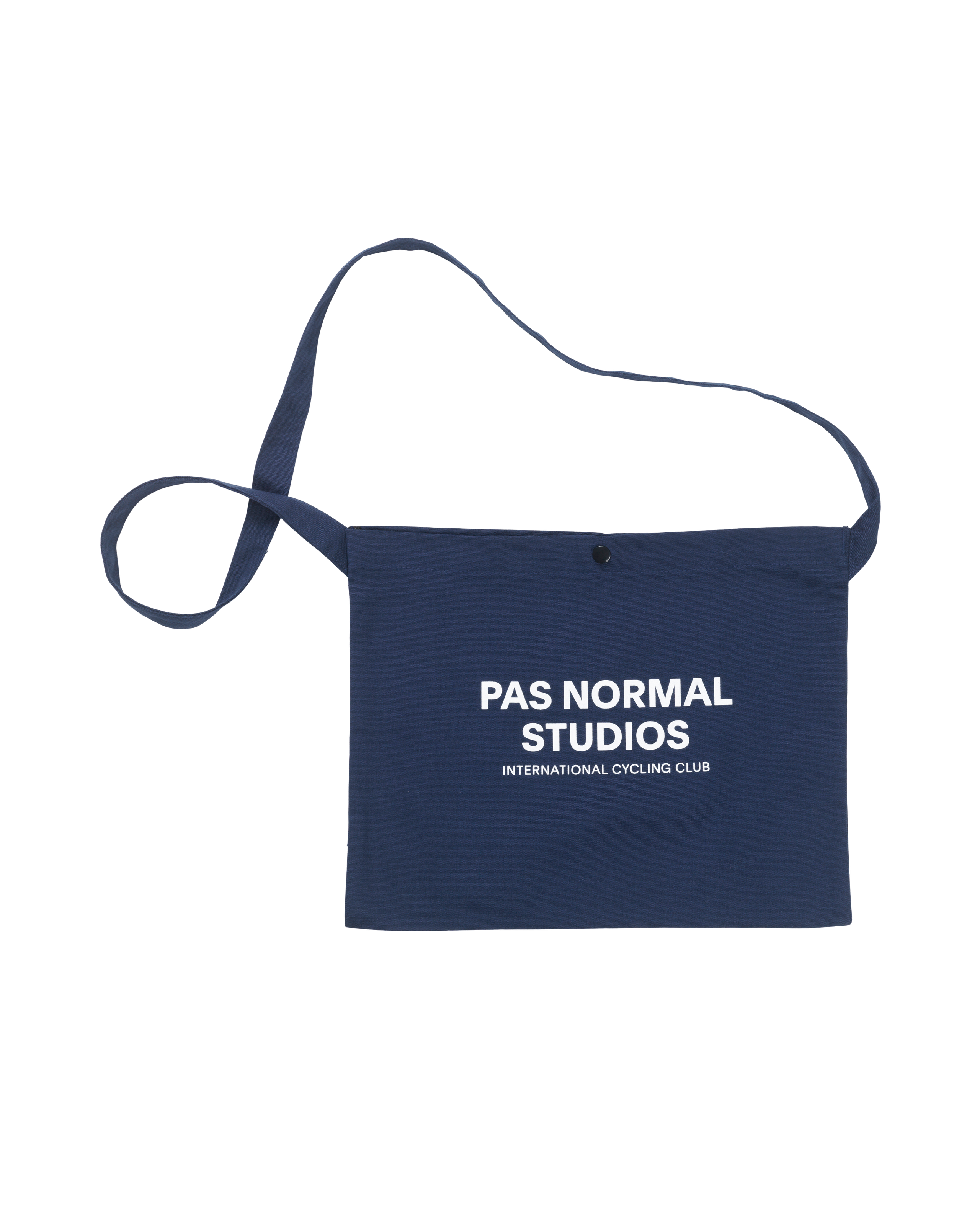 Navy Off-Race musette, front flat lay with white logo print and snap closure