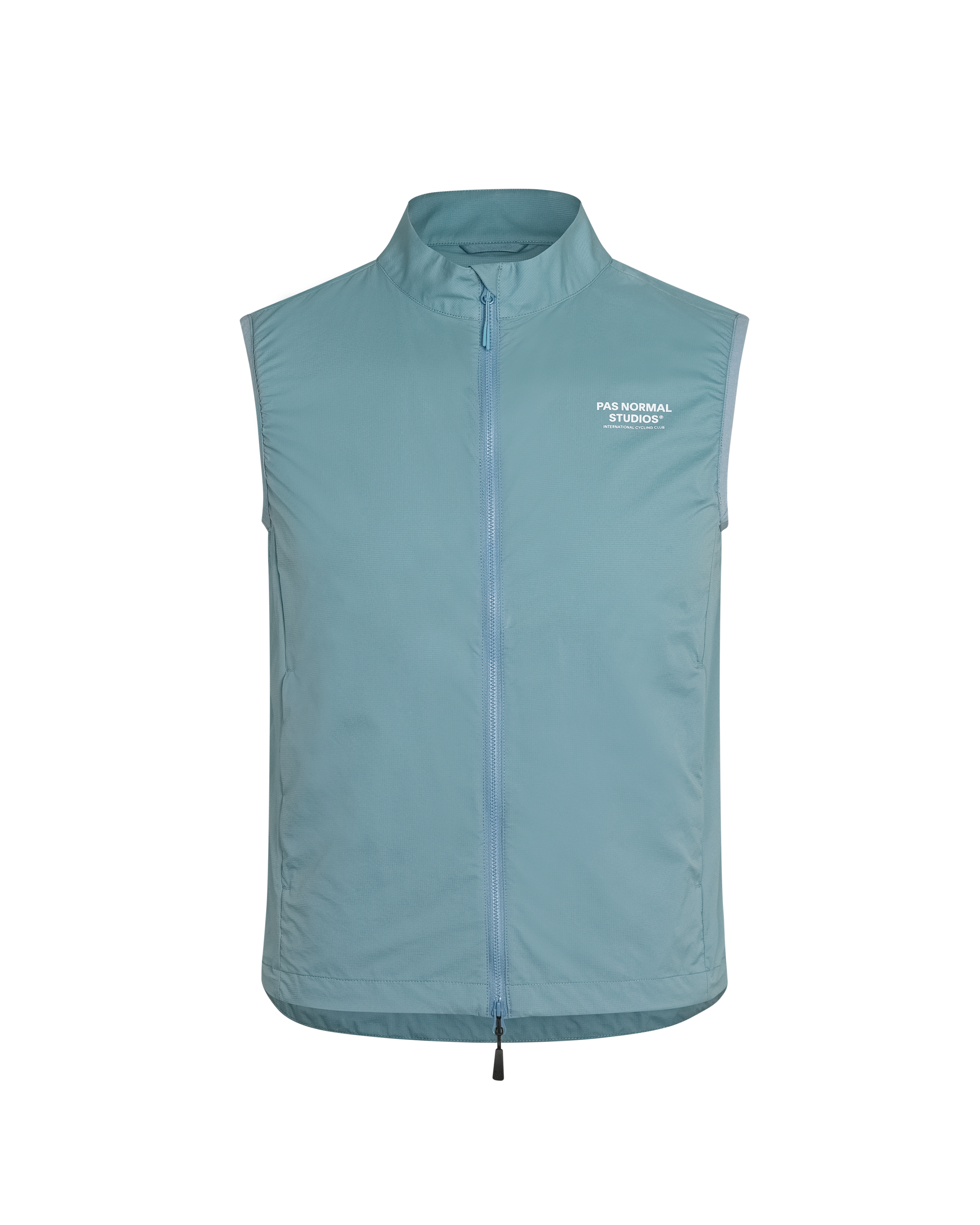 Dusty Blue Off-Race Stow Away cycling vest, front flat lay with full zip and white chest logo