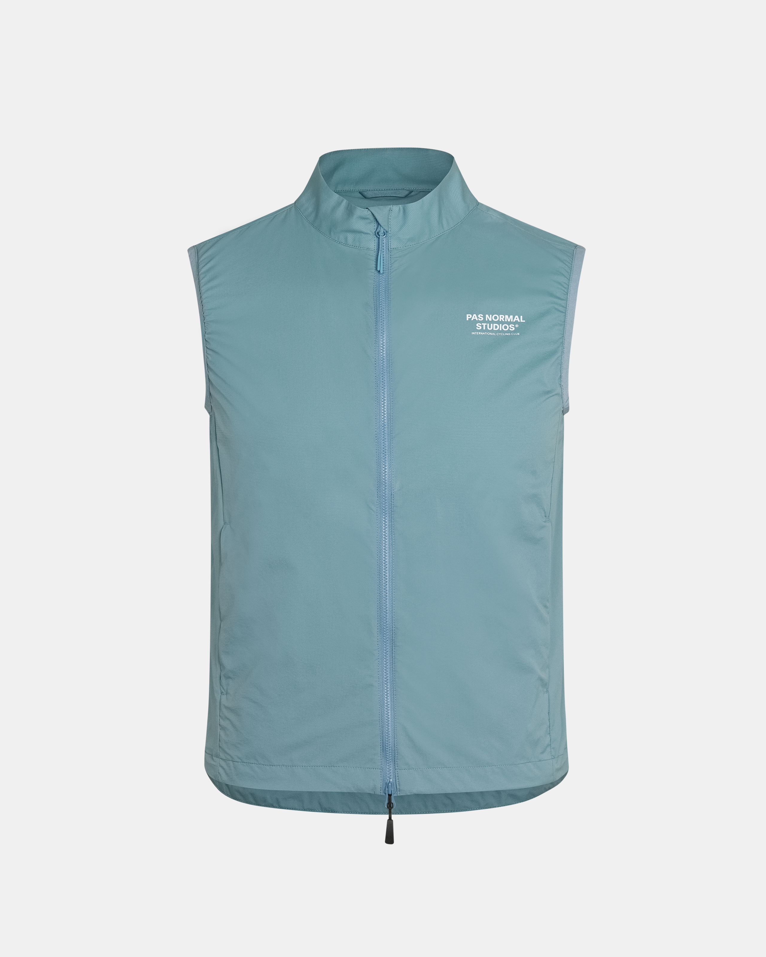 Dusty Blue Off-Race Stow Away cycling vest, front flat lay with full zip and white chest logo