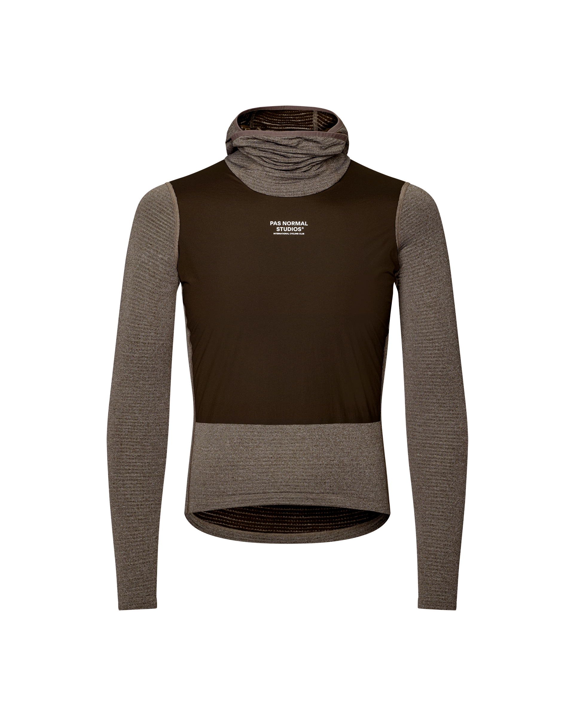 Dark Coffee brown Thermal Hooded Windproof cycling base layer, front flat lay with ribbed sleeves and integrated neck gaiter