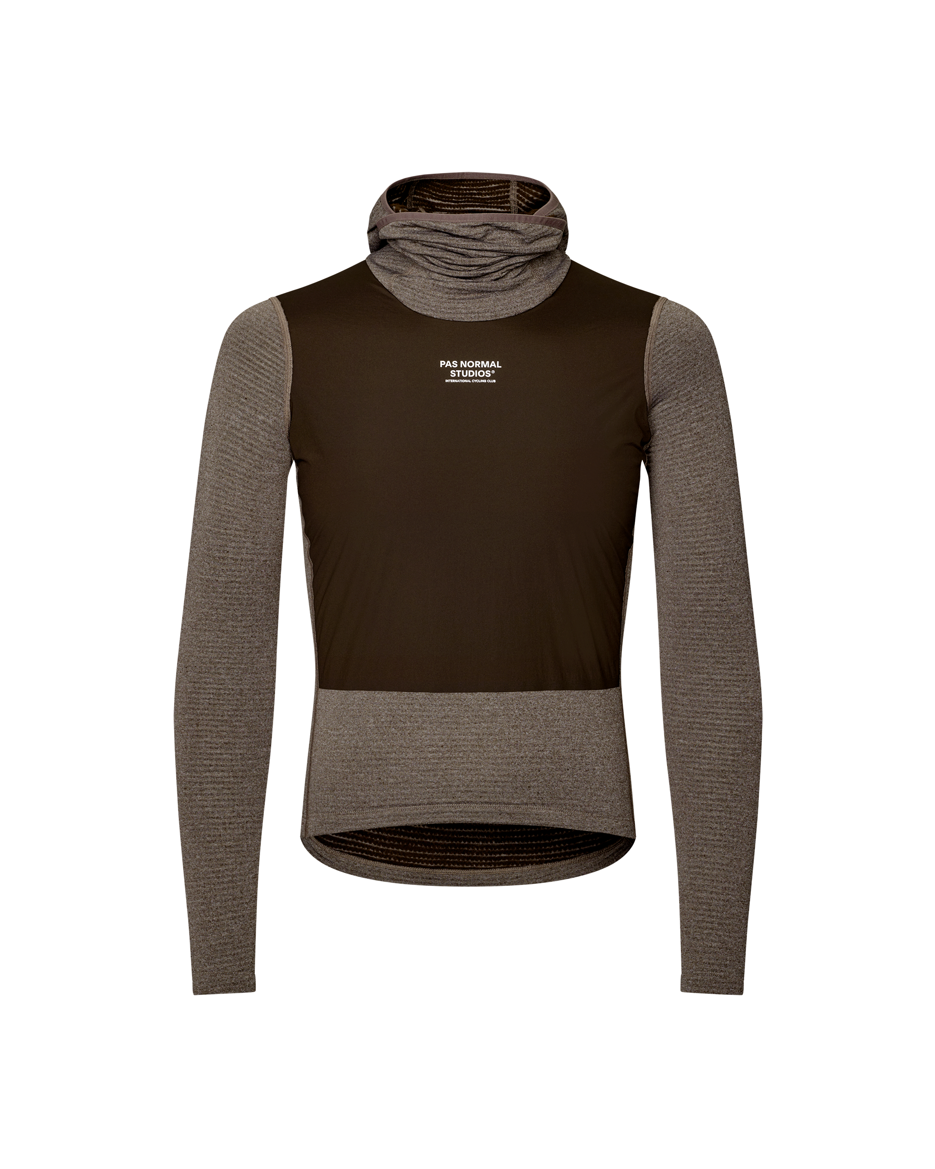Dark Coffee brown Thermal Hooded Windproof cycling base layer, front flat lay with ribbed sleeves and integrated neck gaiter