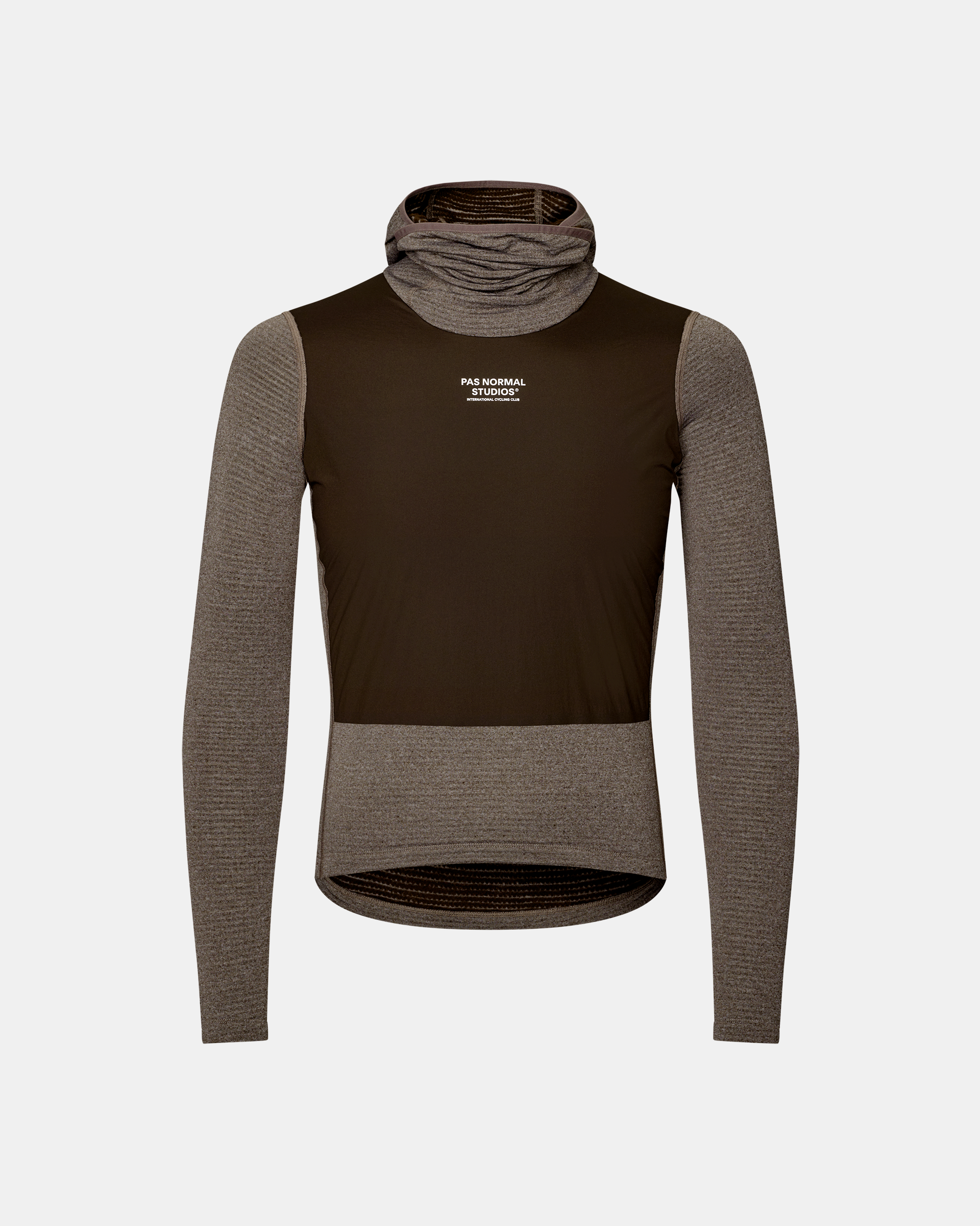 Dark Coffee brown Thermal Hooded Windproof cycling base layer, front flat lay with ribbed sleeves and integrated neck gaiter
