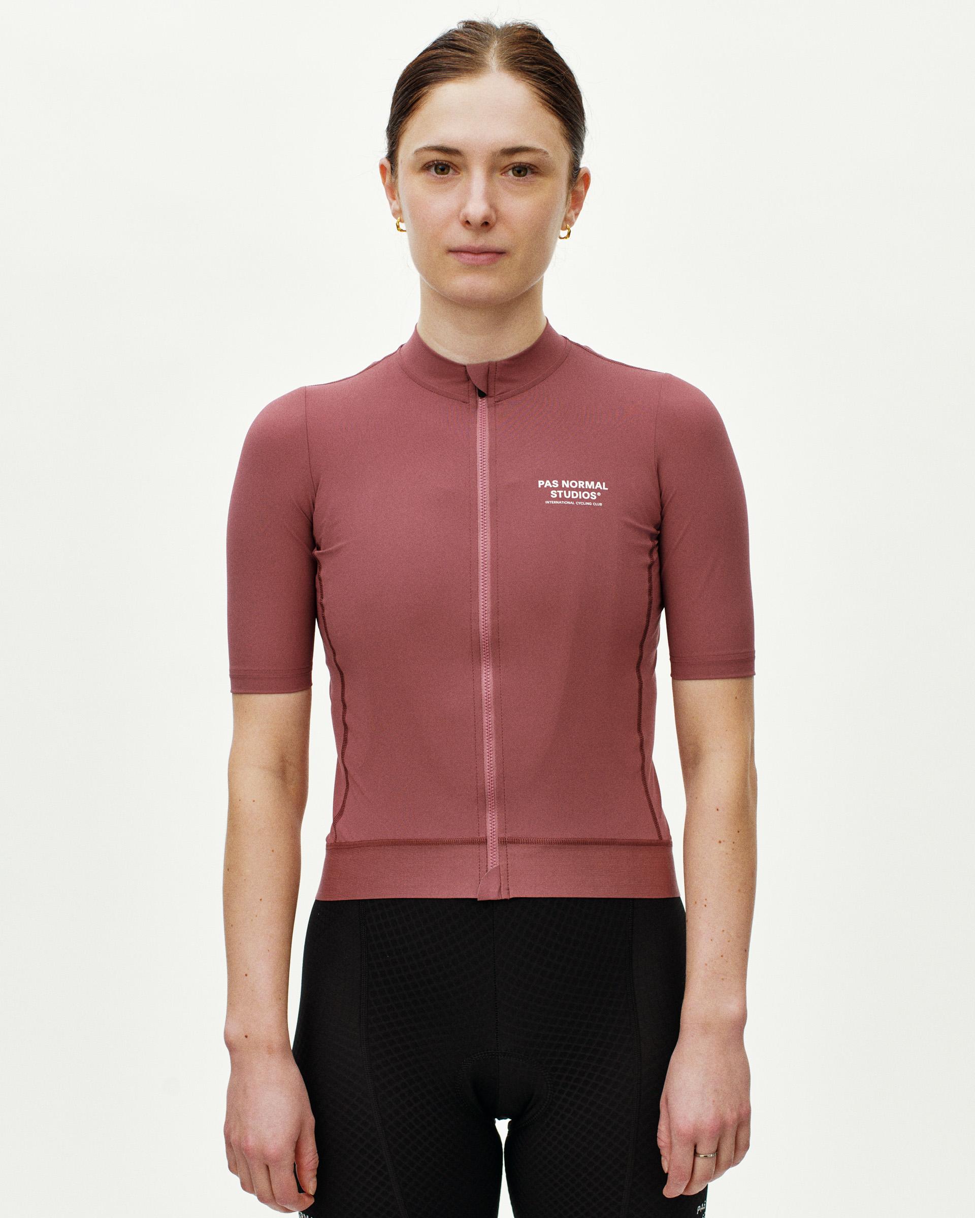 Grape Essential cycling jersey on model, front view with full zip and white chest logo