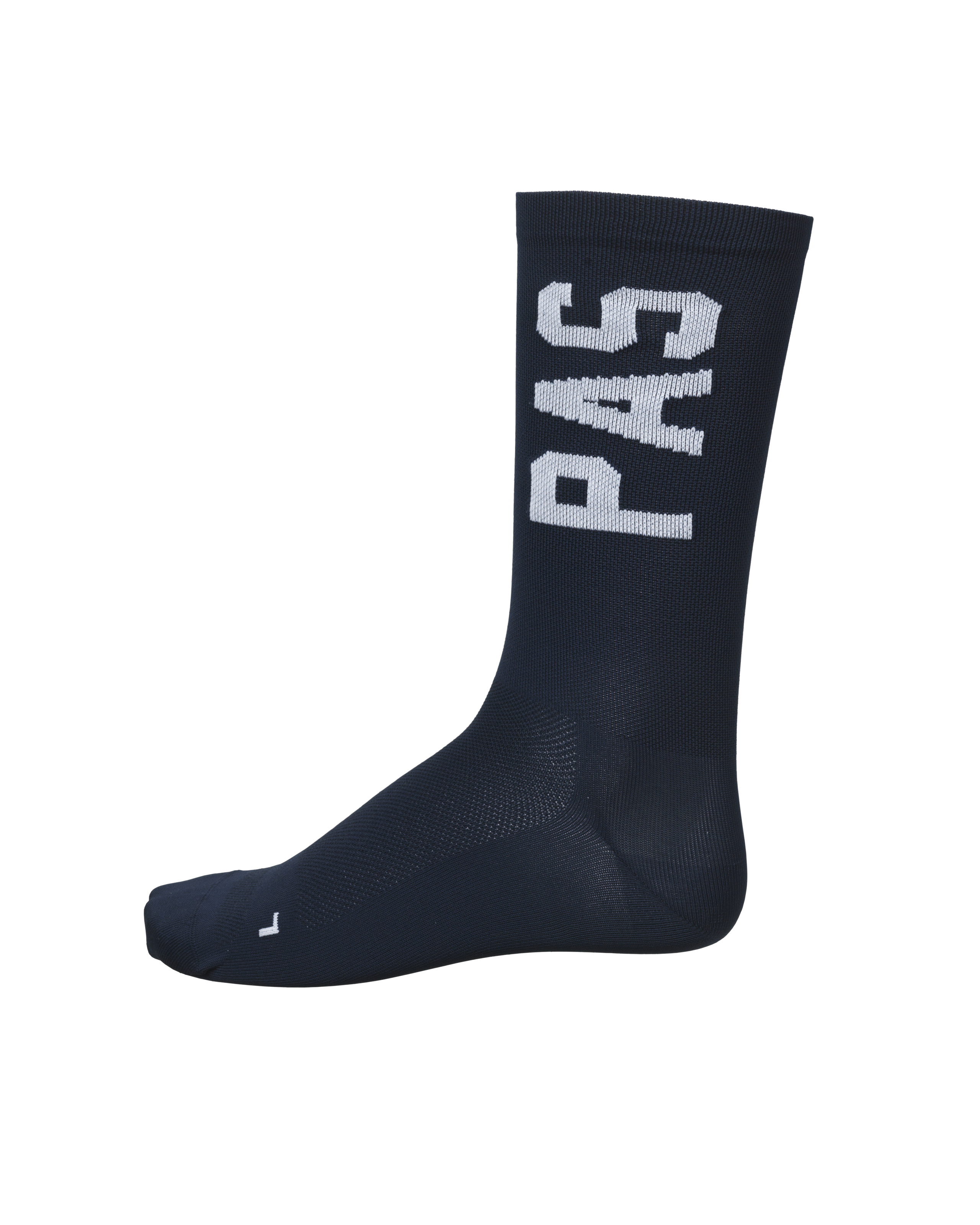 Navy PAS Mechanism cycling socks, side view with white logo lettering