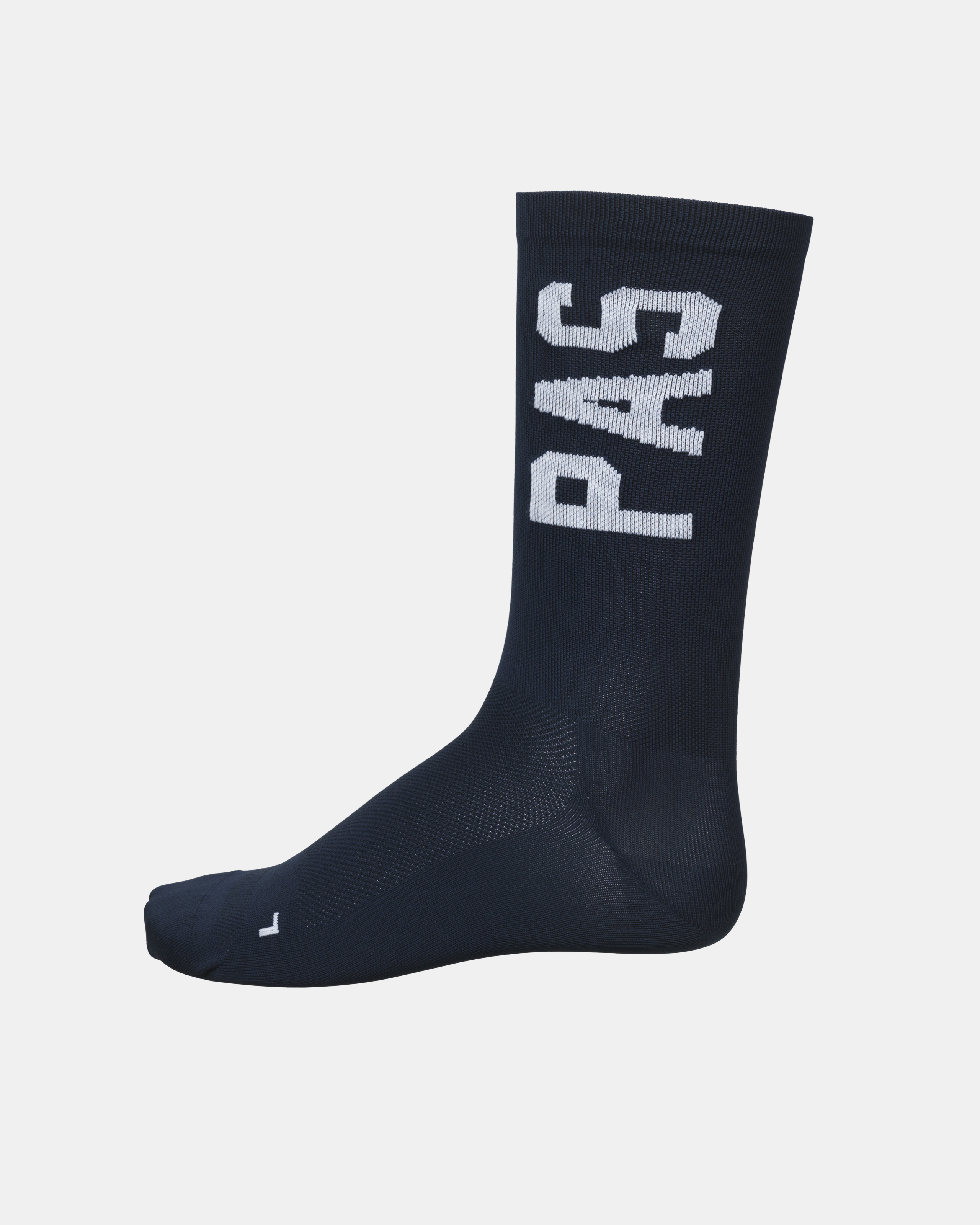 Navy PAS Mechanism cycling socks, side view with white logo lettering