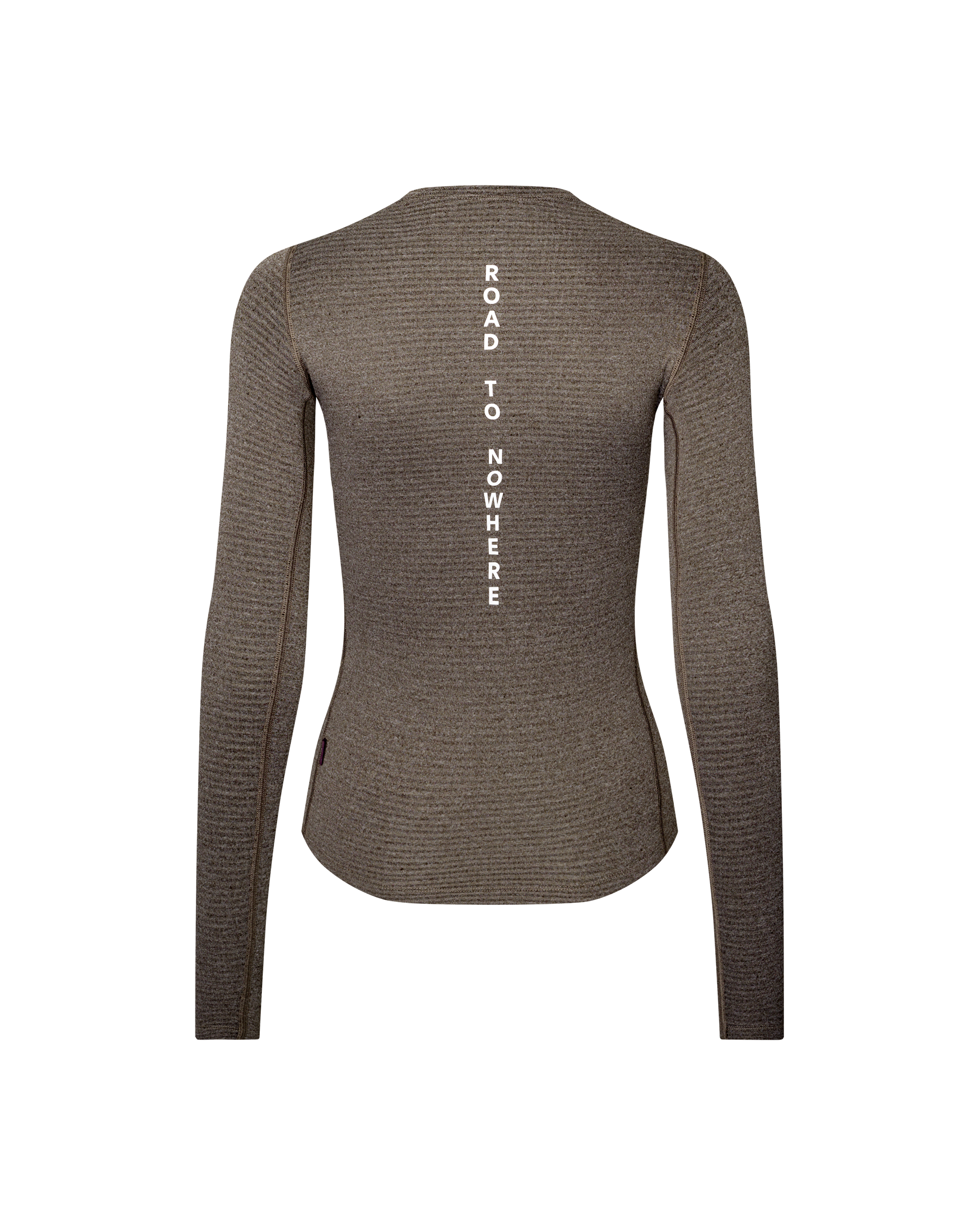 Dark Coffee brown women's cycling long sleeve baselayer, rear flat lay with vertical white Road To Nowhere back print