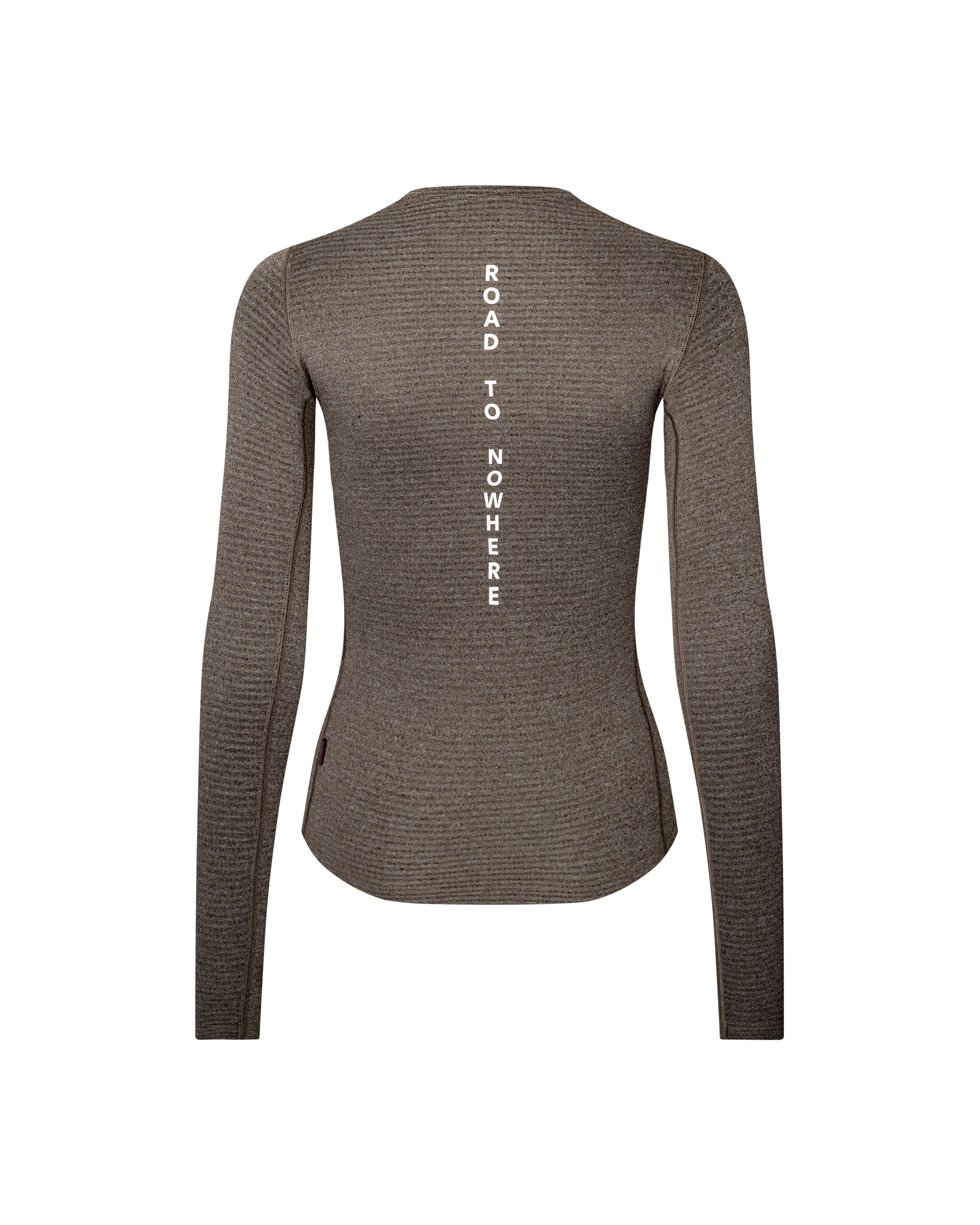 Dark Coffee brown women's cycling long sleeve baselayer, rear flat lay with vertical white Road To Nowhere back print