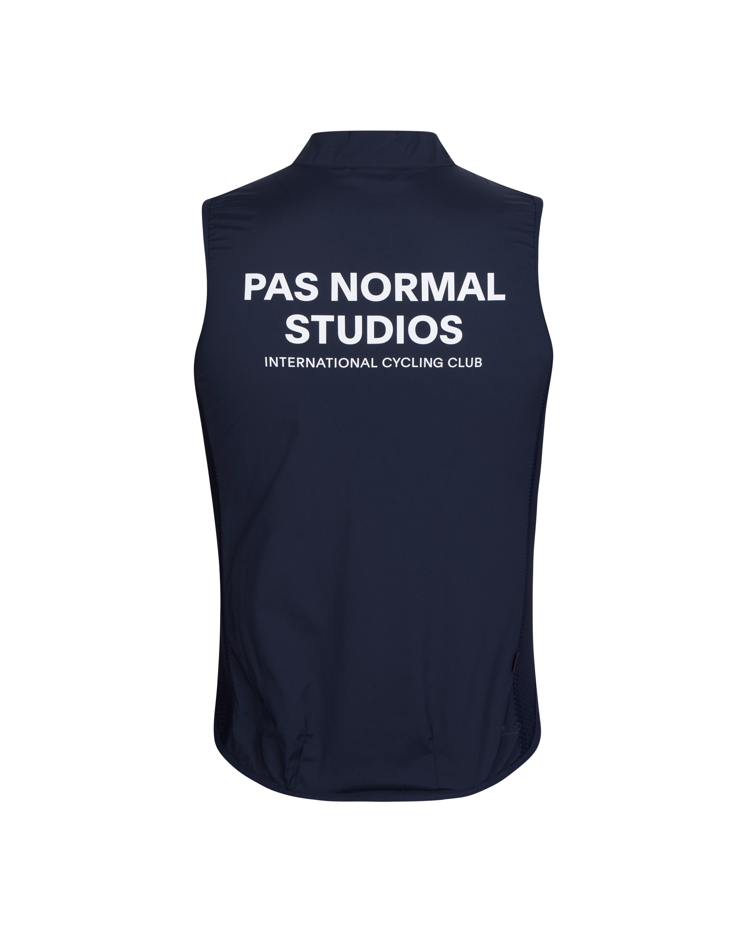 Navy Mechanism Stow Away cycling gilet, rear view with white back print