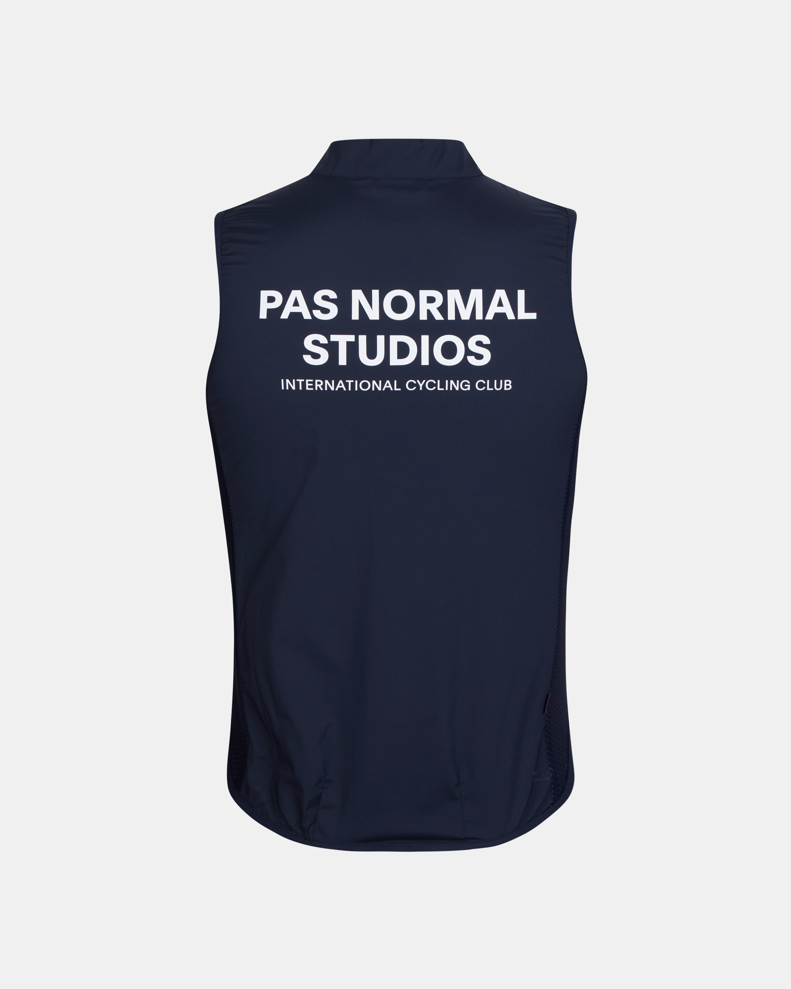 Navy Mechanism Stow Away cycling gilet, rear view with white back print