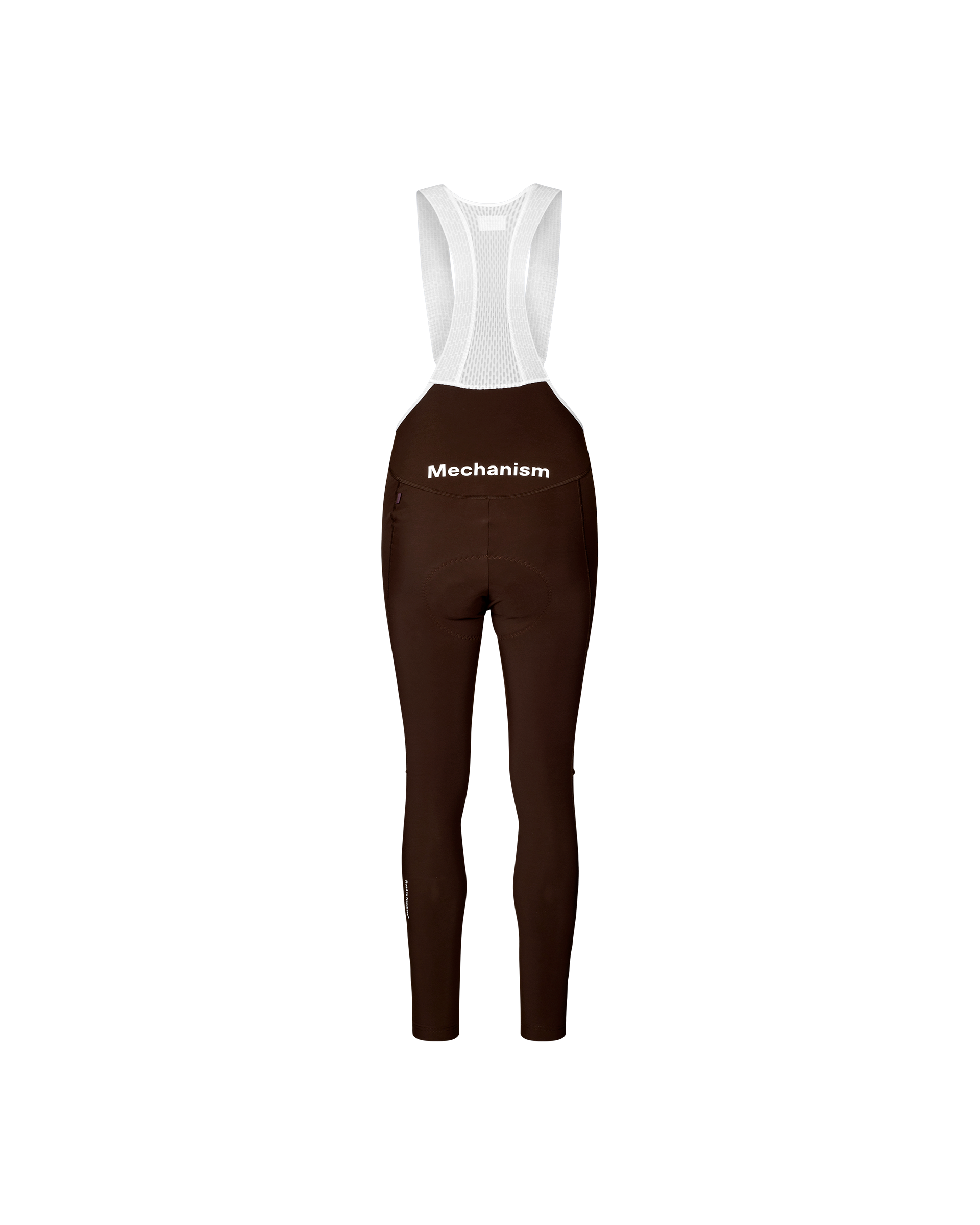 Dark Coffee Mechanism women's cycling long bibs, rear flat lay with white mesh bib straps and white waist print