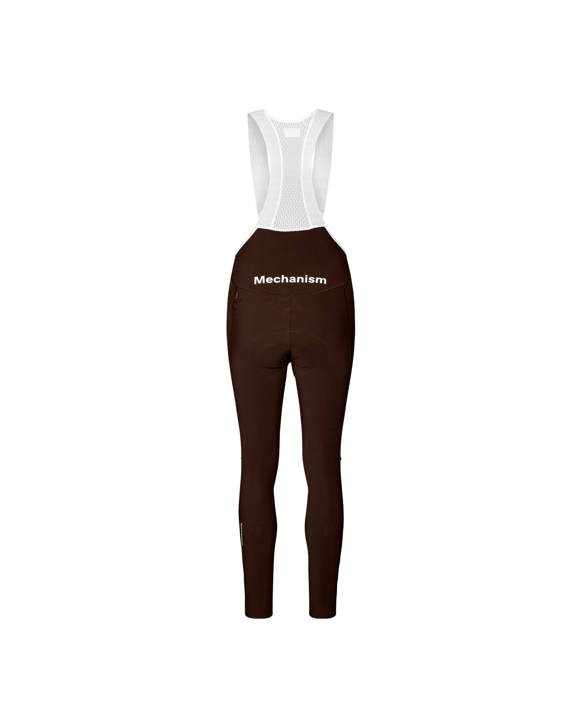 Dark Coffee Mechanism women's cycling long bibs, rear flat lay with white mesh bib straps and white waist print