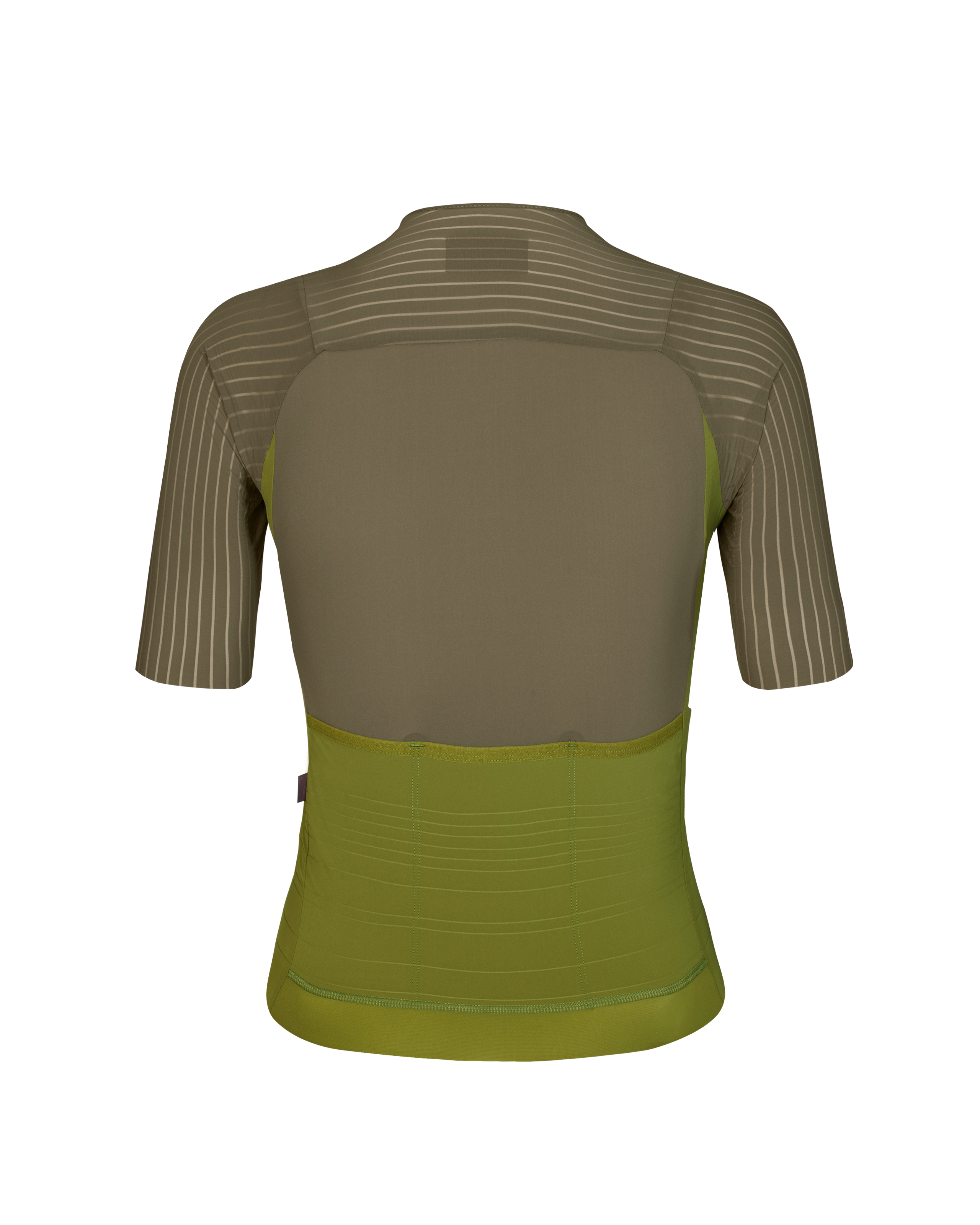 Earth khaki Mechanism Pro women's cycling jersey, rear flat lay with contrast stripe panels and green hem band