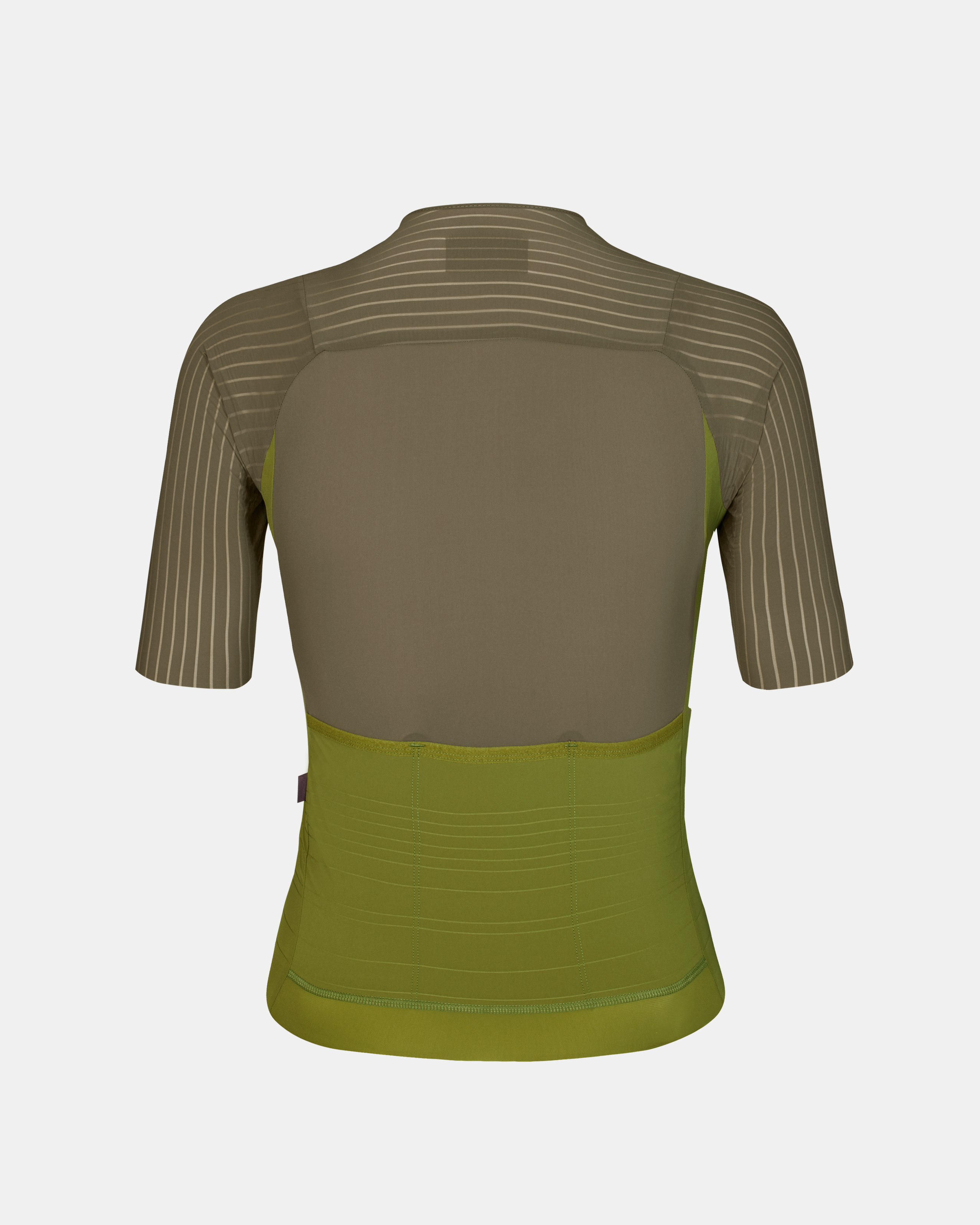 Earth khaki Mechanism Pro women's cycling jersey, rear flat lay with contrast stripe panels and green hem band