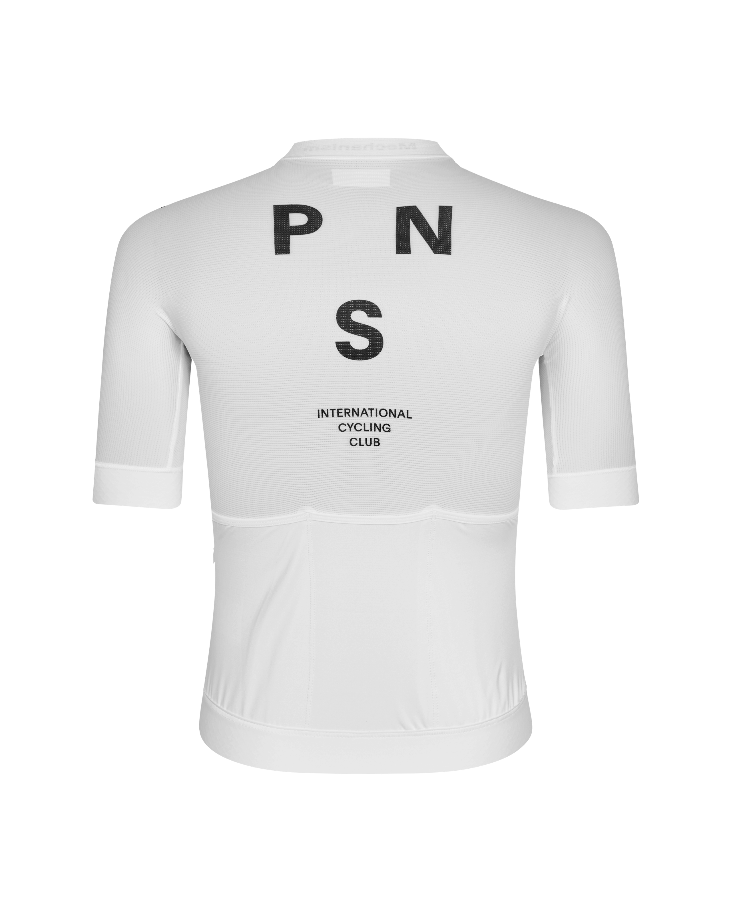 White Mechanism cycling jersey, rear view with black PNS logo and International Cycling Club text