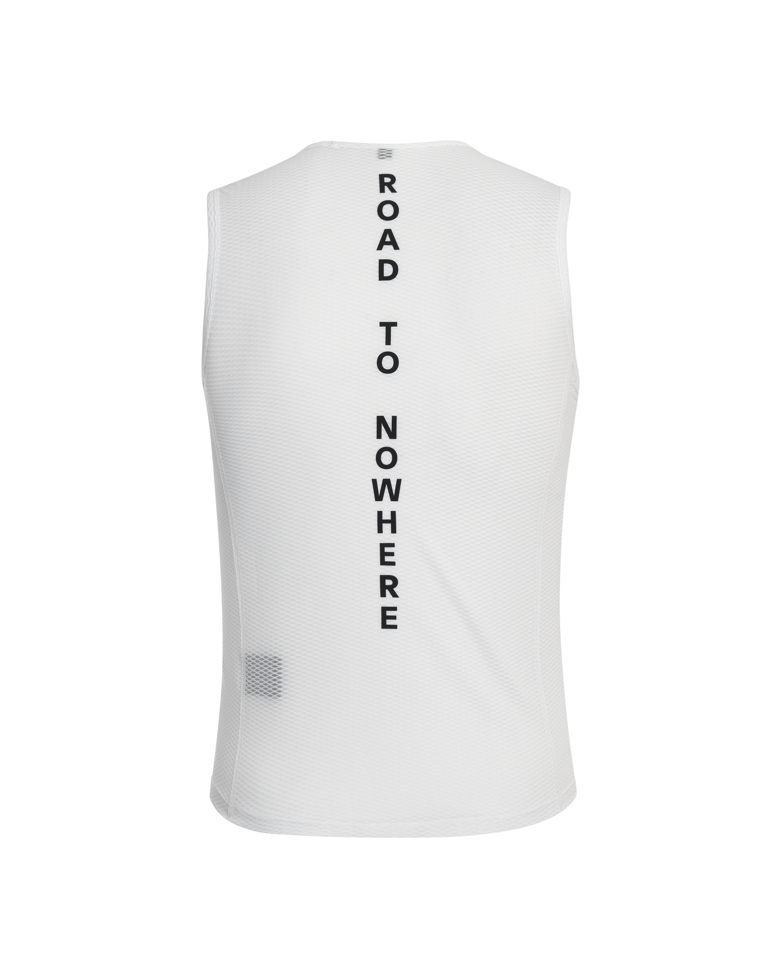 White Mechanism sleeveless base layer, rear flat lay with Road To Nowhere vertical text print